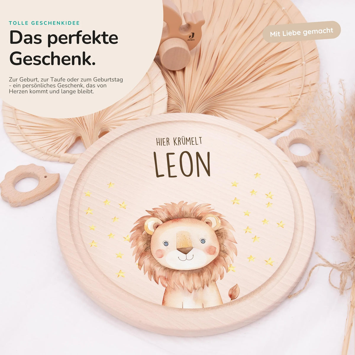 Rundes personalisiertes Frühstücksbrettchen Löwe mit Namen für Kinder