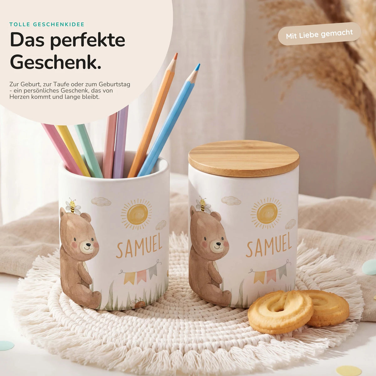 Personalisierte Keksdose BĂ€r Sommer â Keramik & Bambus mit Wunschname