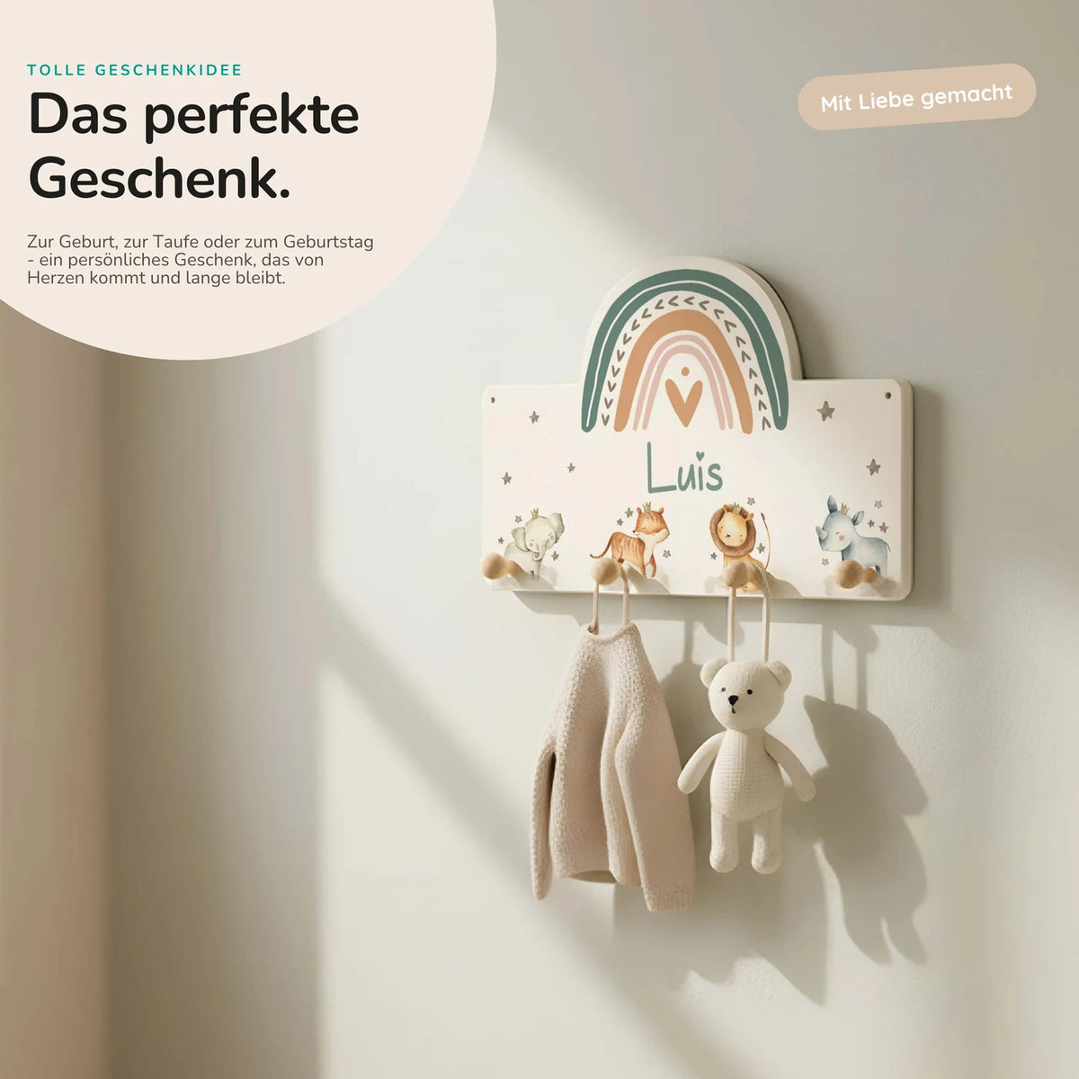 Kindergarderobe Holz personalisiert - Tier Familie
