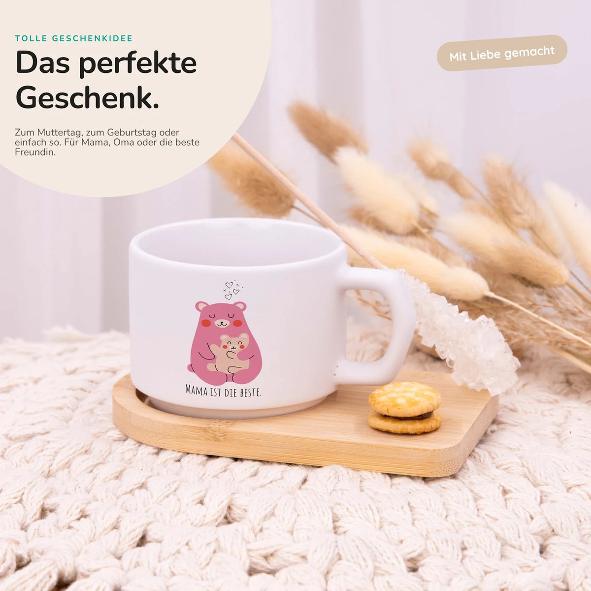 Muttertagsgeschenk Keramikbecher mit Untersetzer â BĂ€r Mama & Kind