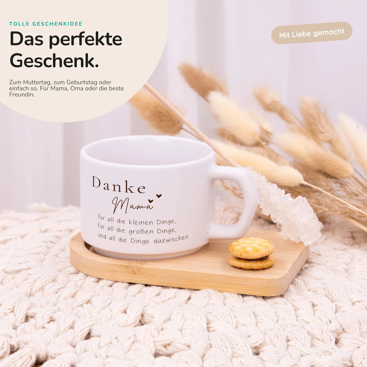 Muttertagsgeschenk Keramikbecher mit Untersetzer – Danke Mama – kleine und große Dinge