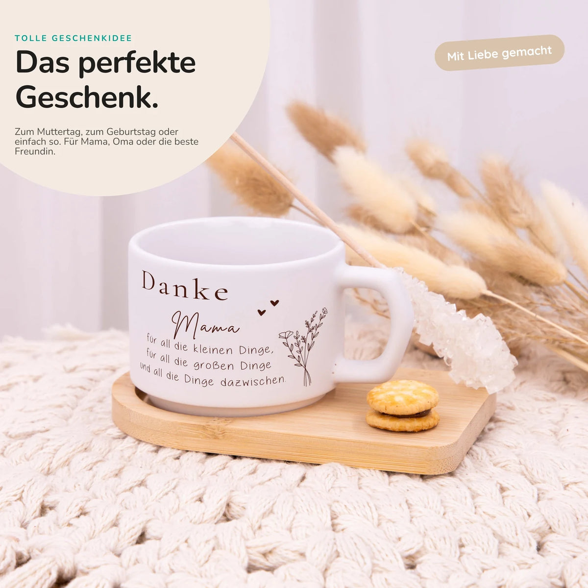 Muttertagsgeschenk Keramikbecher mit Untersetzer – Danke Mama mit Wildblumenstrauß