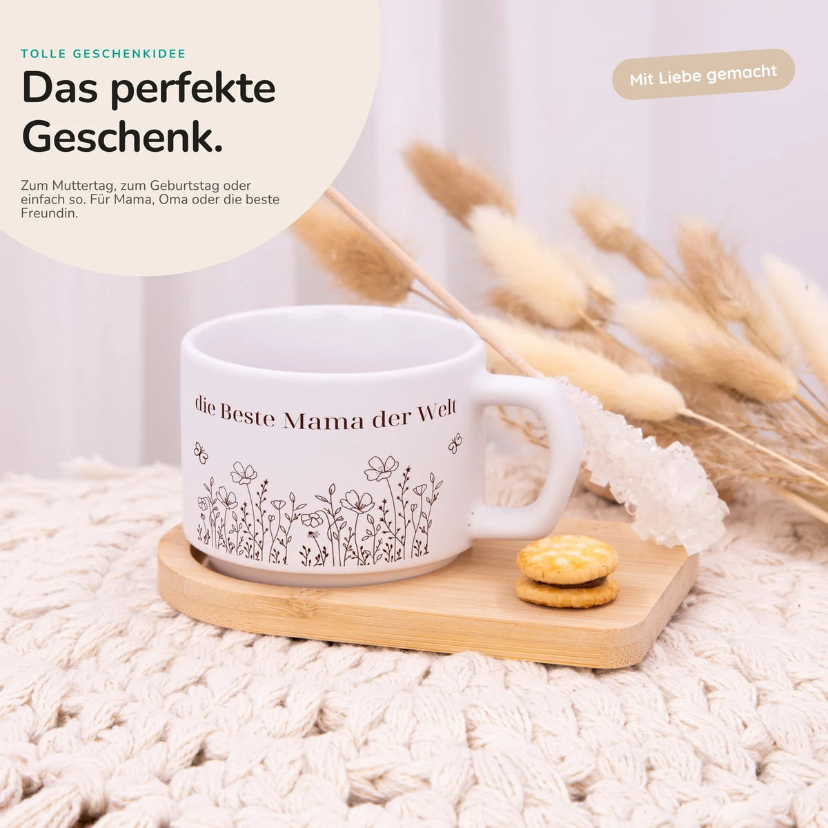 Muttertagsgeschenk Keramikbecher mit Untersetzer – Blumenwiese Beste Mama