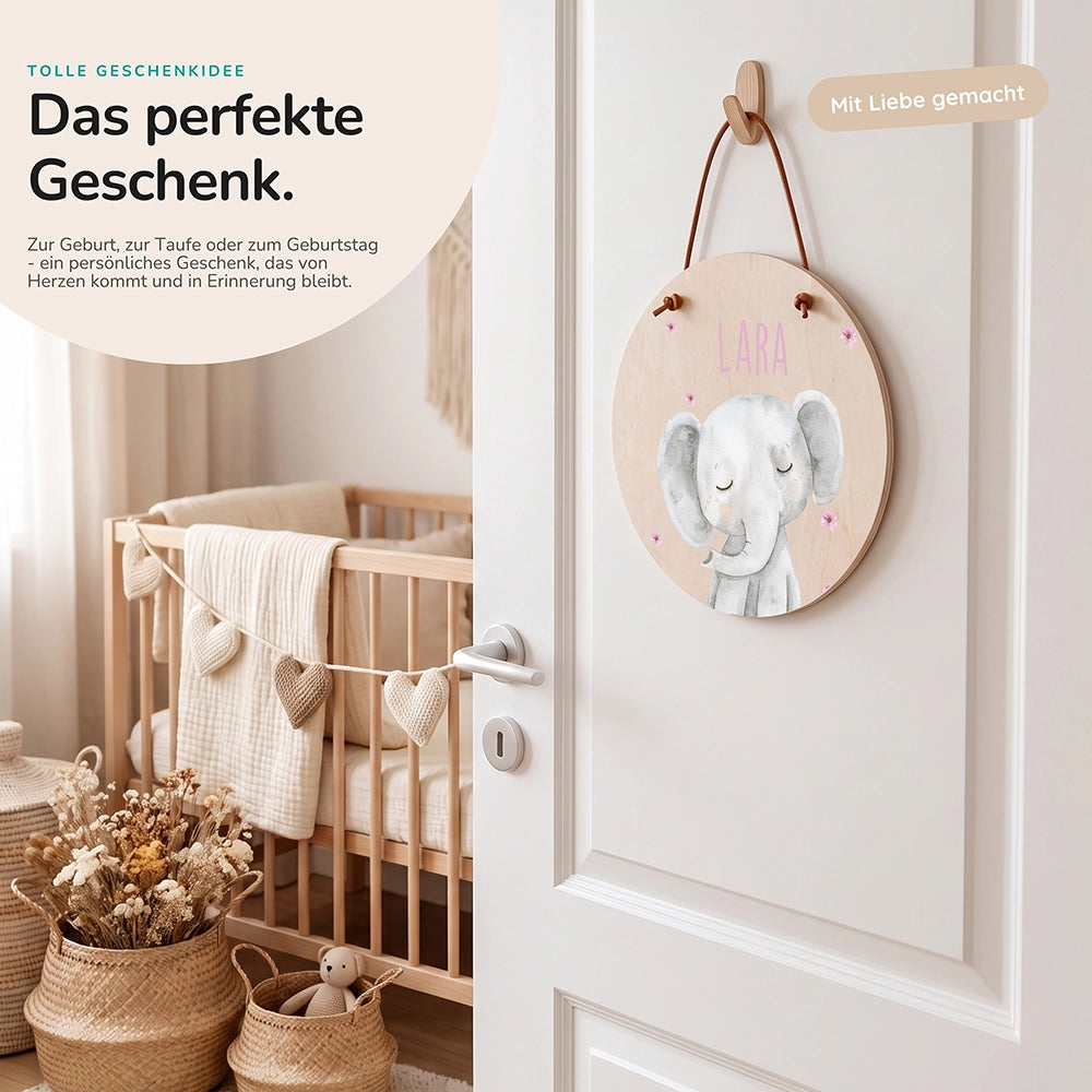 Türschild Kinderzimmer personalisiert mit Name Elefant mit Blüten