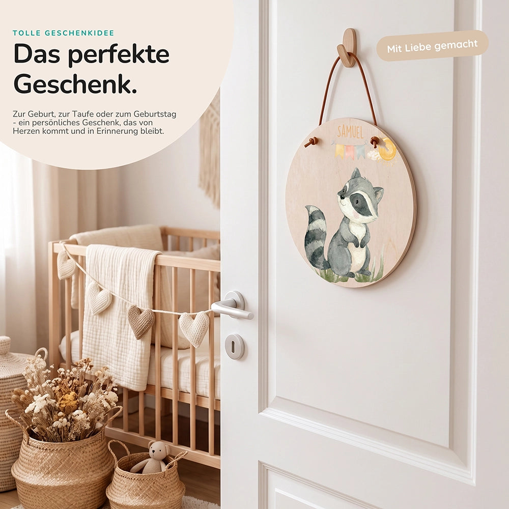 Türschild Kinderzimmer personalisiert Waschbär mit Wimpelkette