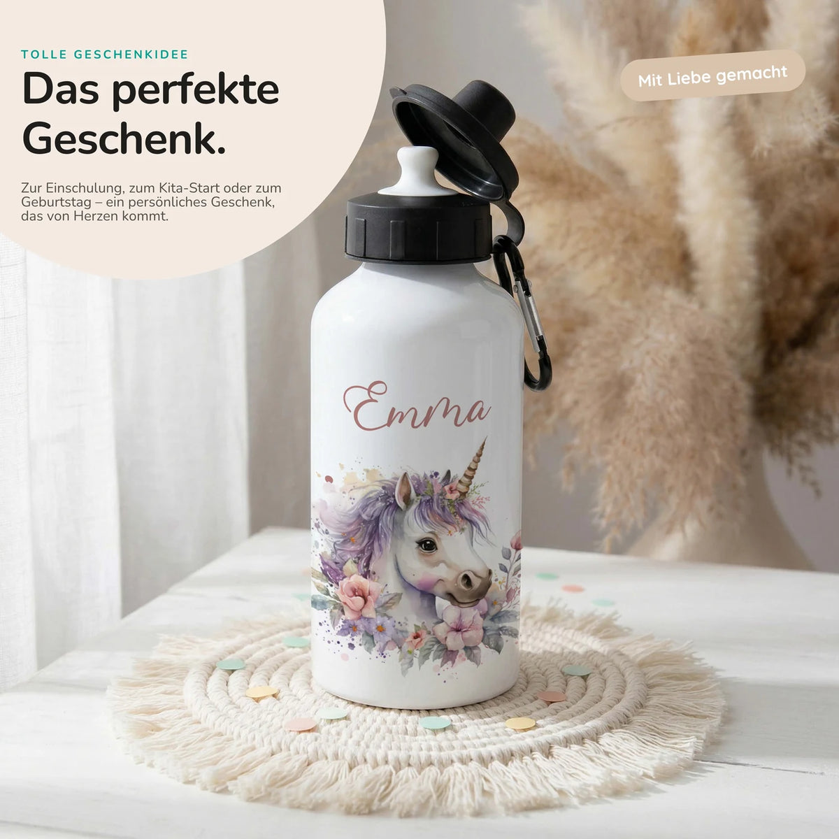 Personalisierte Trinkflasche Kinder – Einhorn Blumenkranz