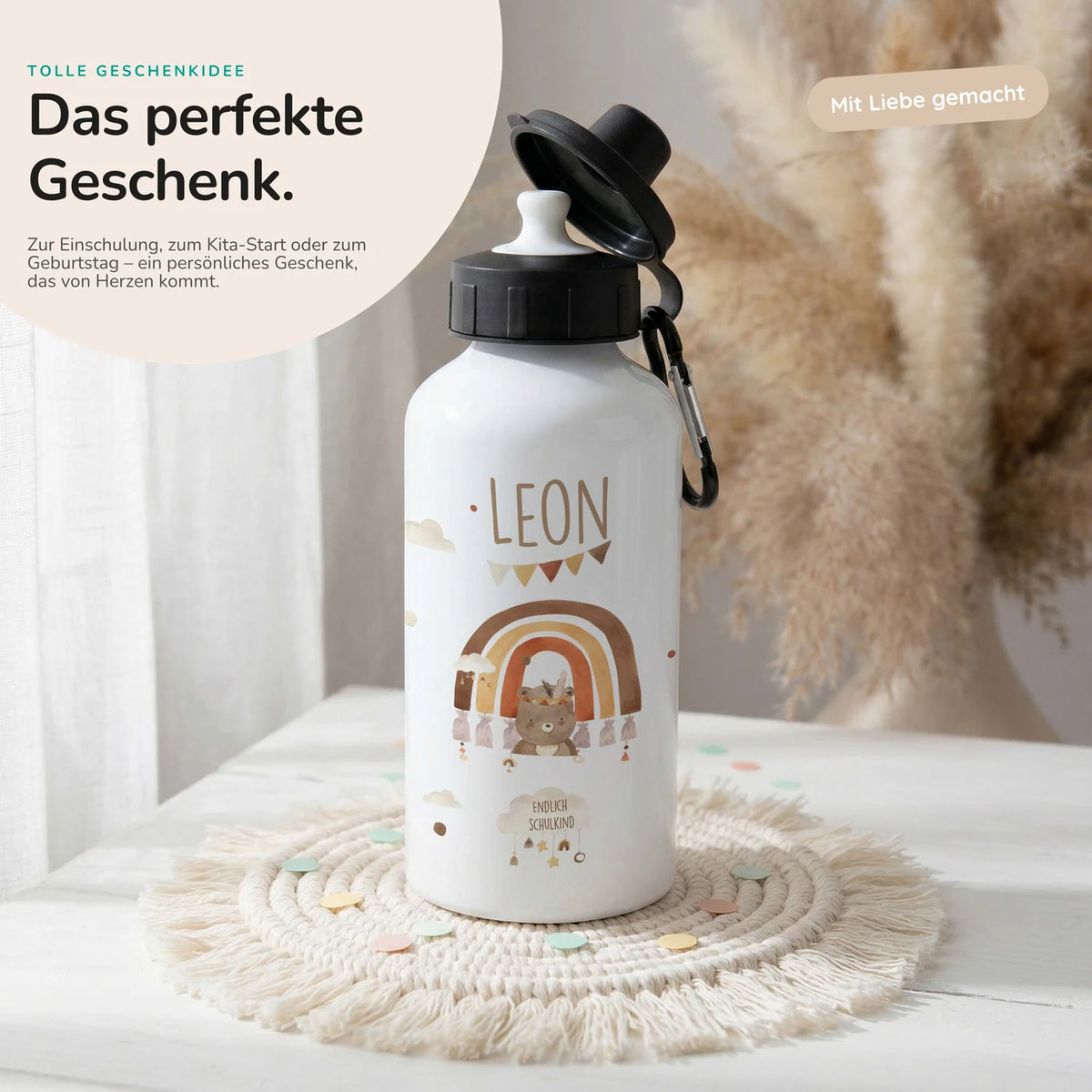 Personalisierte Trinkflasche Kinder â BĂ€r Regenbogen Schulkind