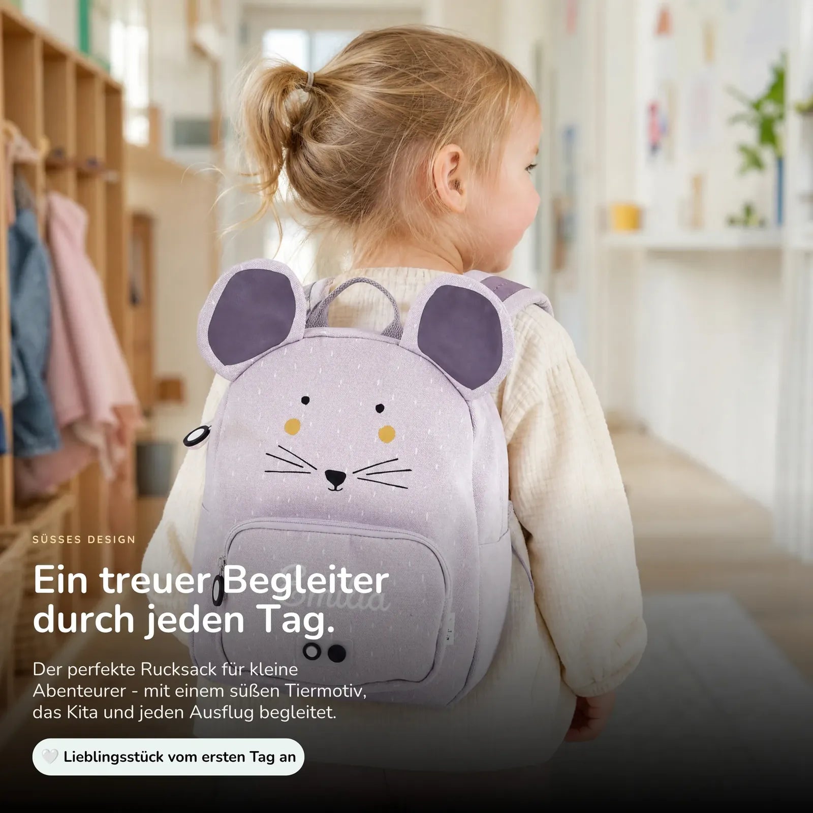 Trixie Kindergartenrucksack Maus, Name mit weißen Stickfäden bestickt
