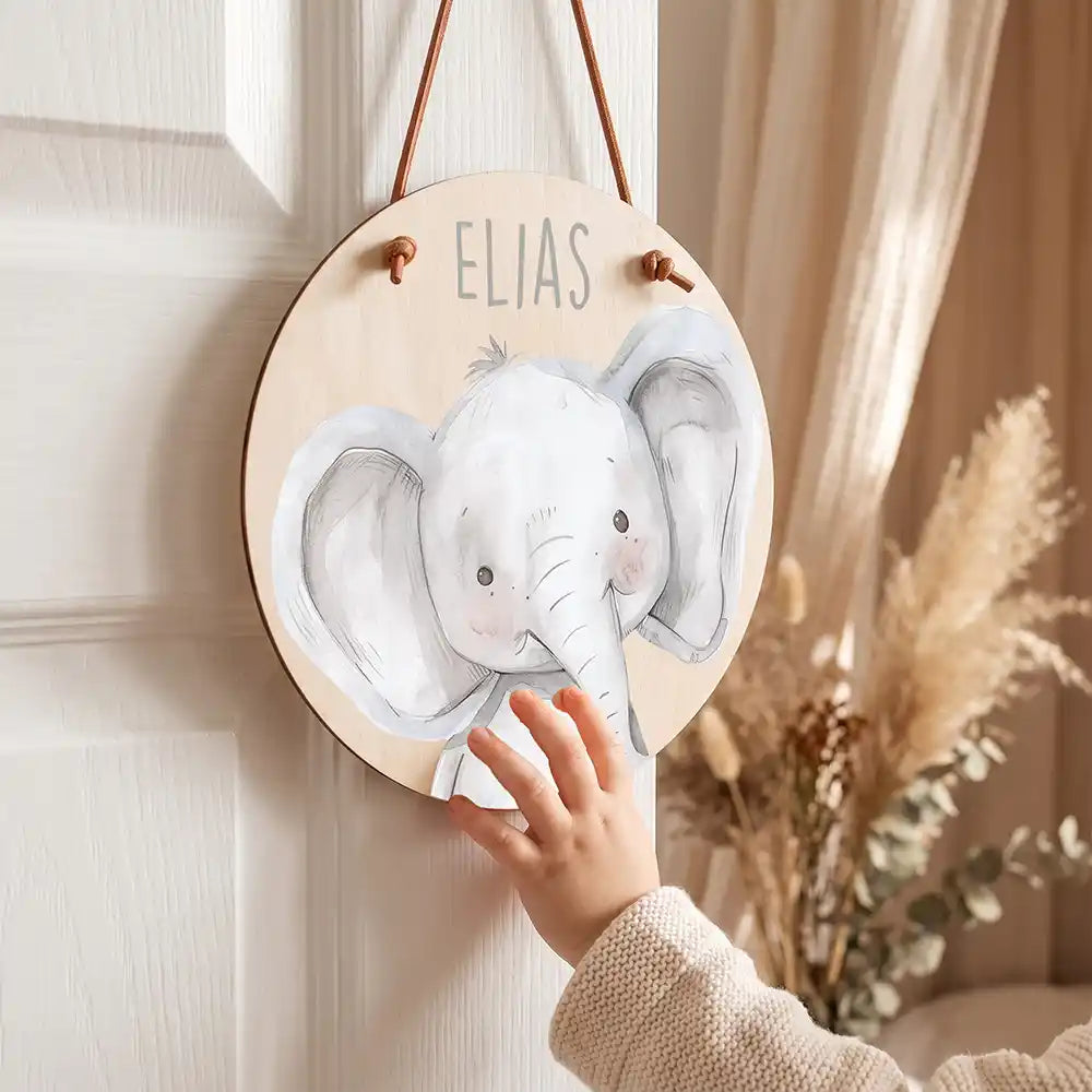 Türschild Kinderzimmer Elefant Porträt, mit Namen an der Kinderzimmertür