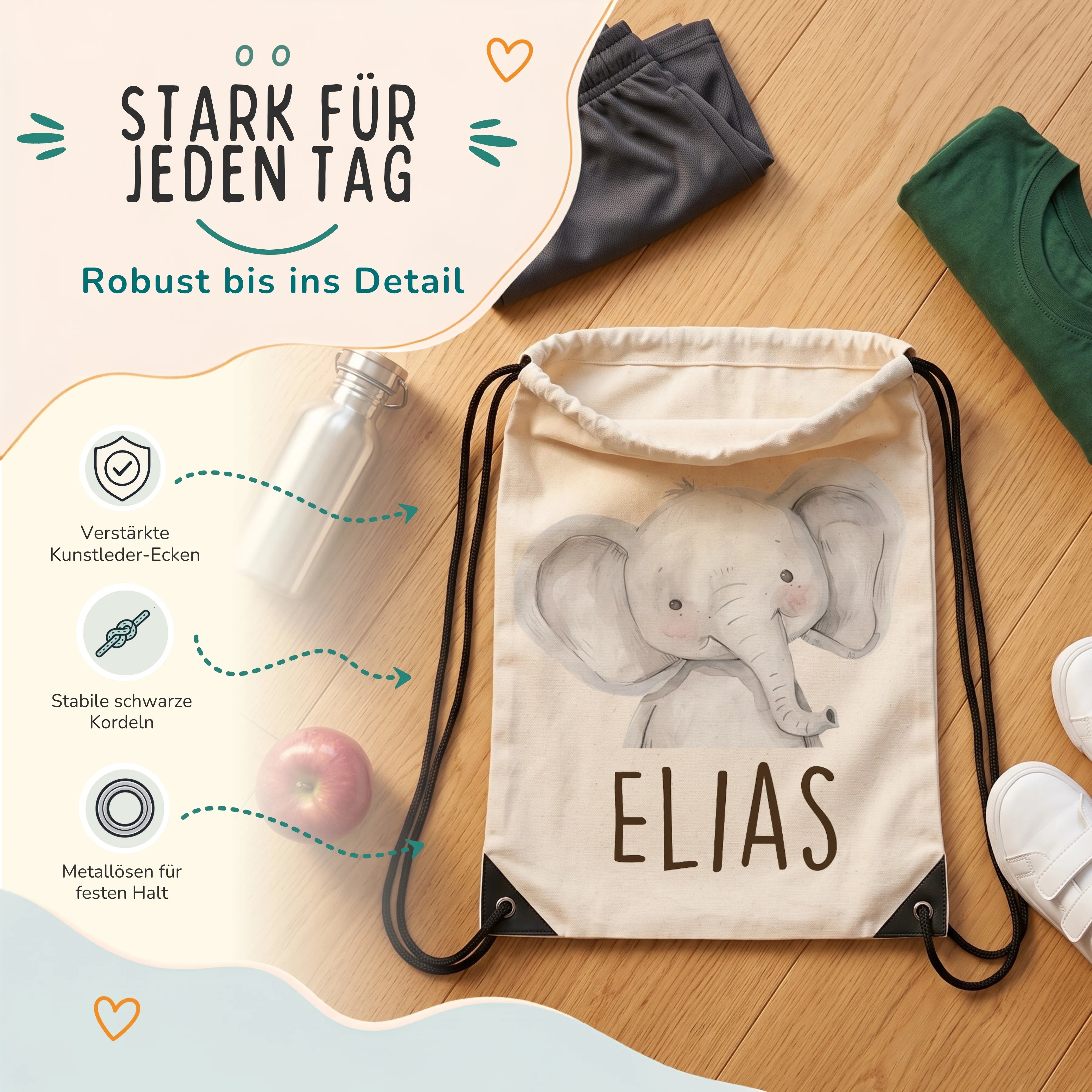 Personalisierter Turnbeutel Baby Elefant, verstärkte Kunstleder-Ecken und Metallösen im Detail