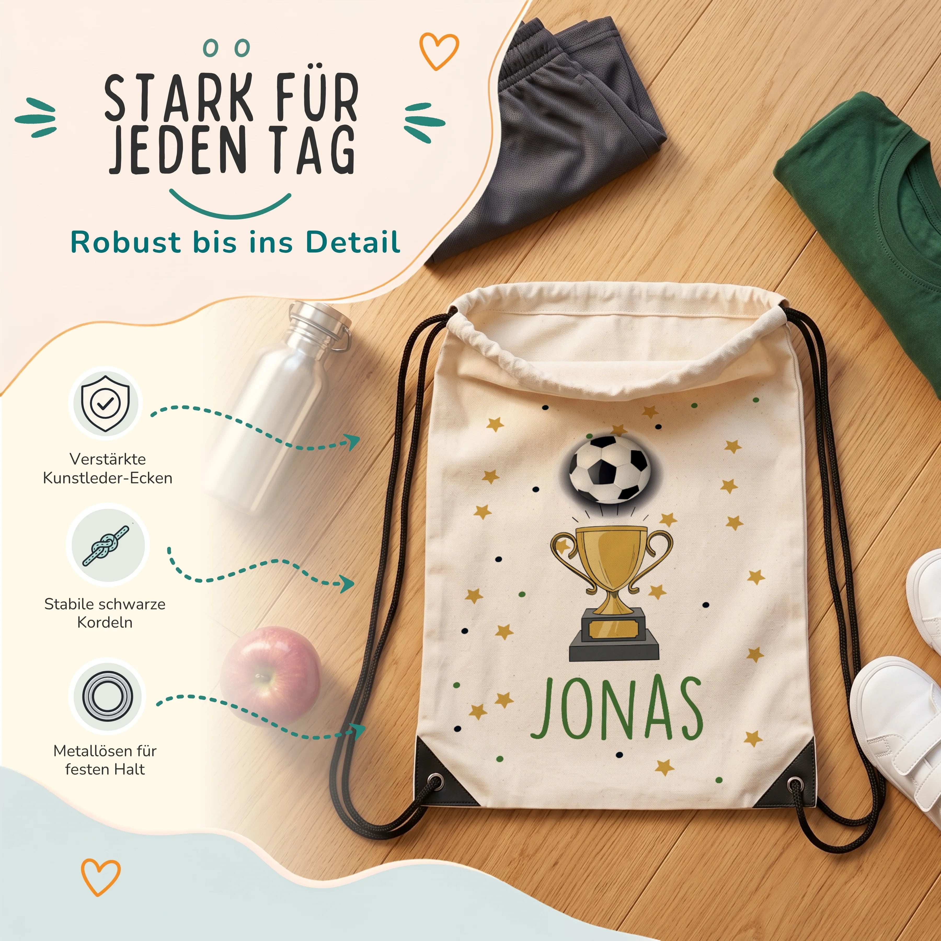 Personalisierter Turnbeutel Fußball Pokal, verstärkte Kunstleder-Ecken und Metallösen im Detail