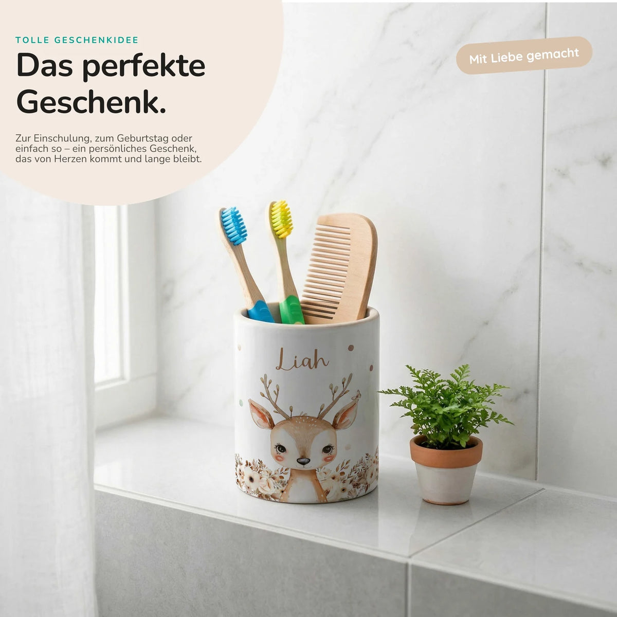 Personalisierter Stiftehalter Rehkitz Zweige â Keramik mit Wunschname