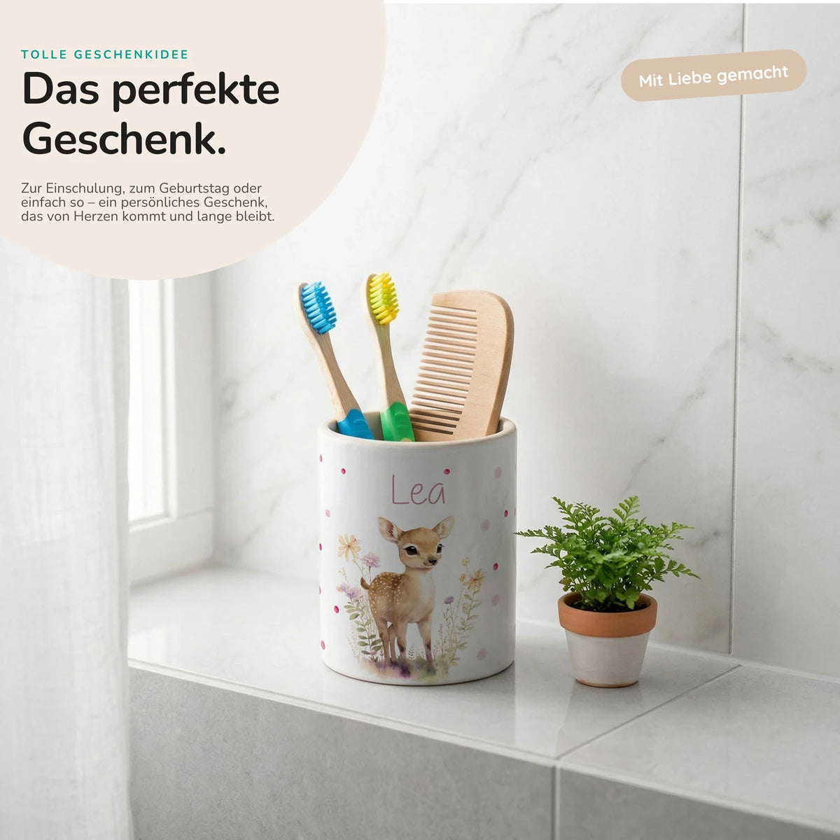 Personalisierter Stiftehalter Rehkitz Blumenwiese – Keramik mit Wunschname