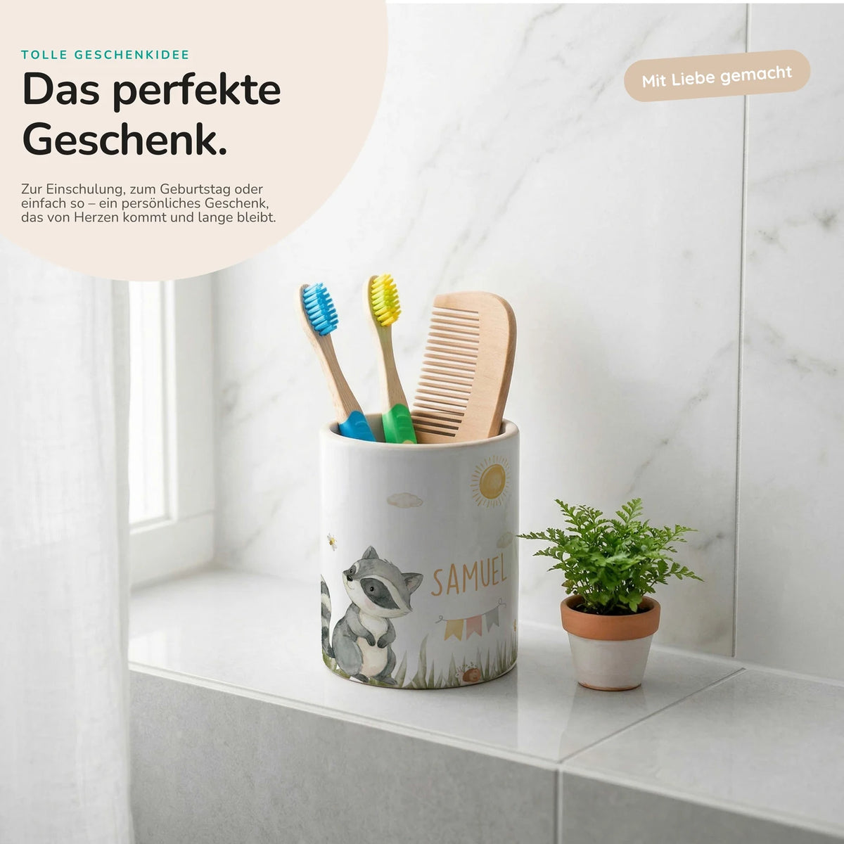 Personalisierter Stiftehalter WaschbĂ€r Sommer â Keramik mit Wunschname