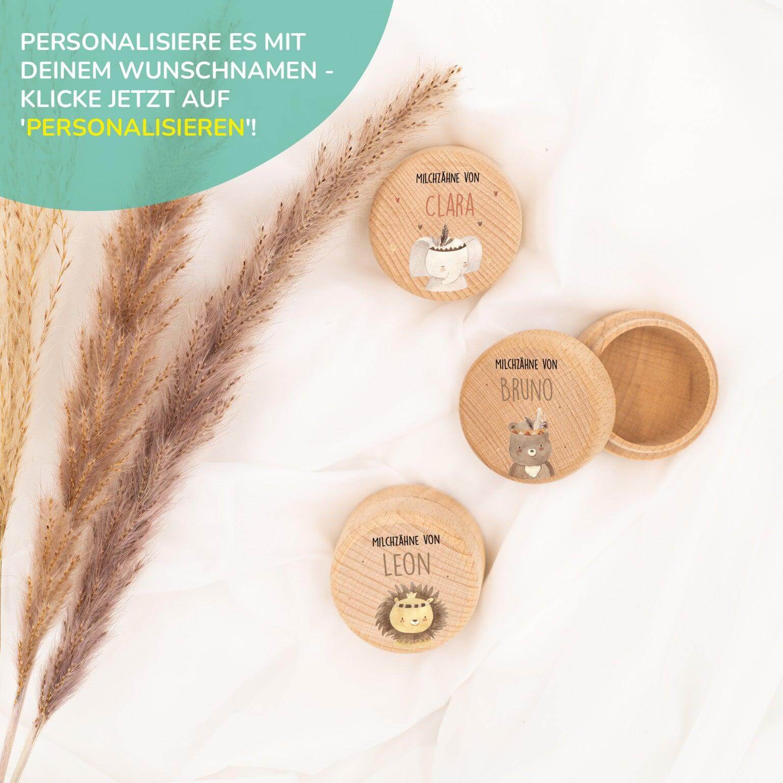 Milchzahndose personalisiert aus Holz Bunt Boho Design