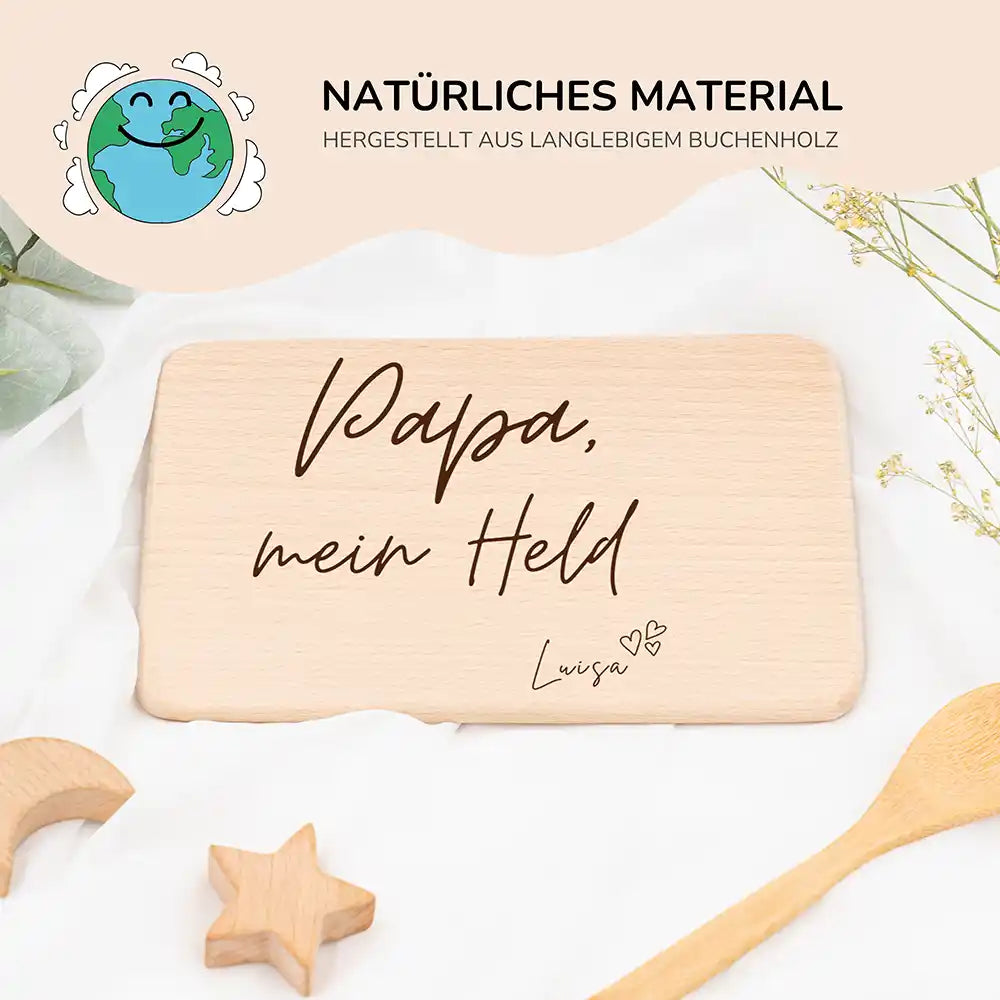 Frühstücksbrettchen Holz Papa mein Held mit Gravur - Geschenk Vatertag
