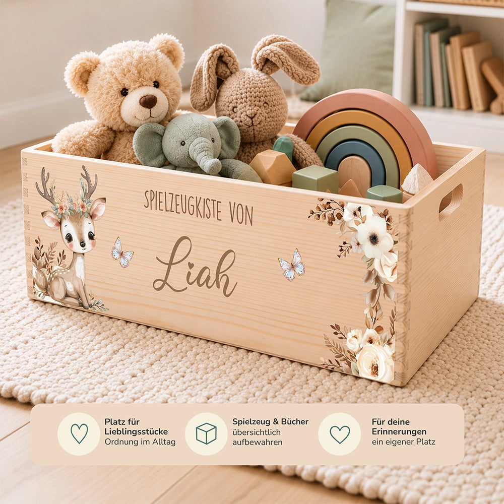 Spielzeugkiste personalisiert mit Namen - Baby Reh