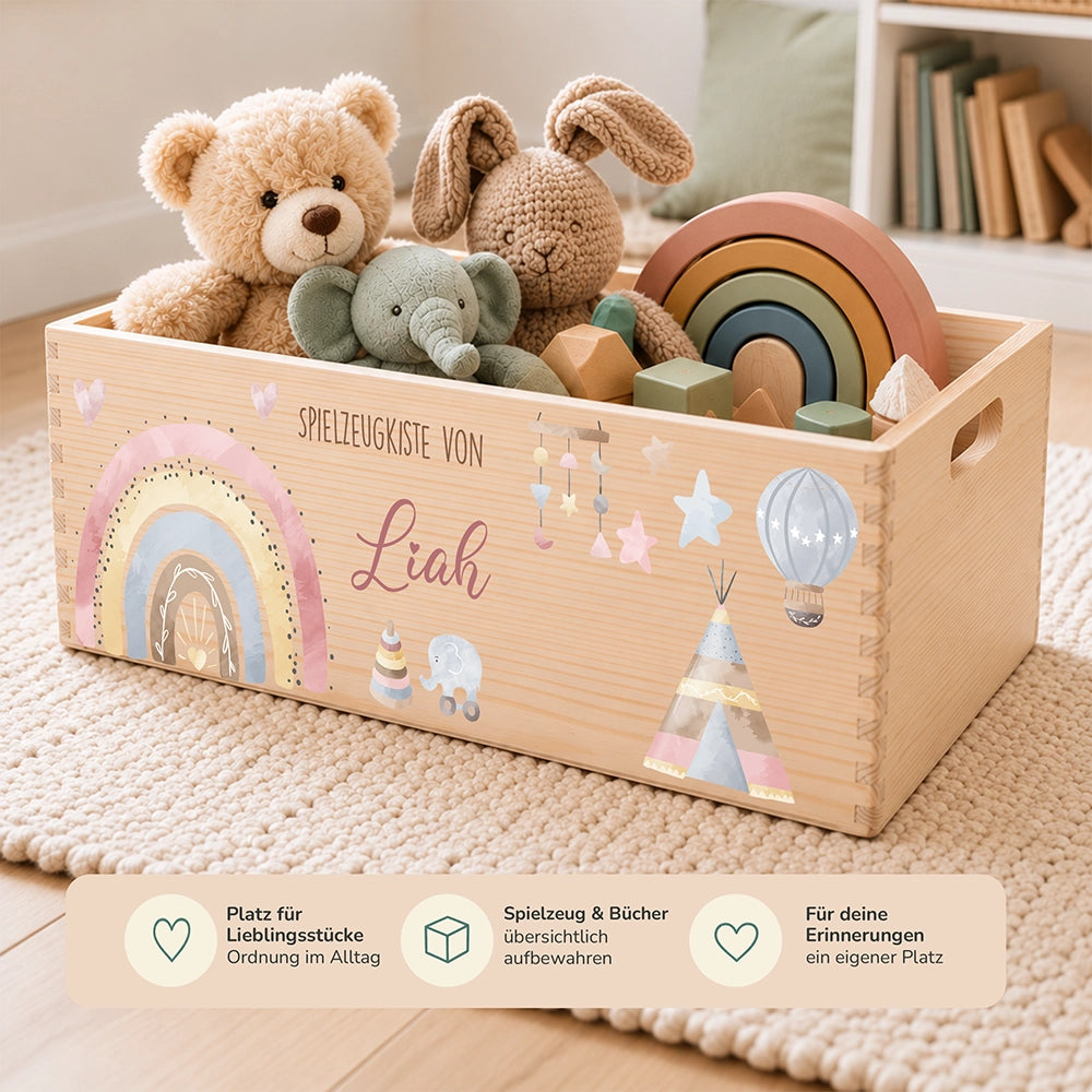 Spielzeugkiste personalisiert mit Namen - Baby Reh mit Regenbogen