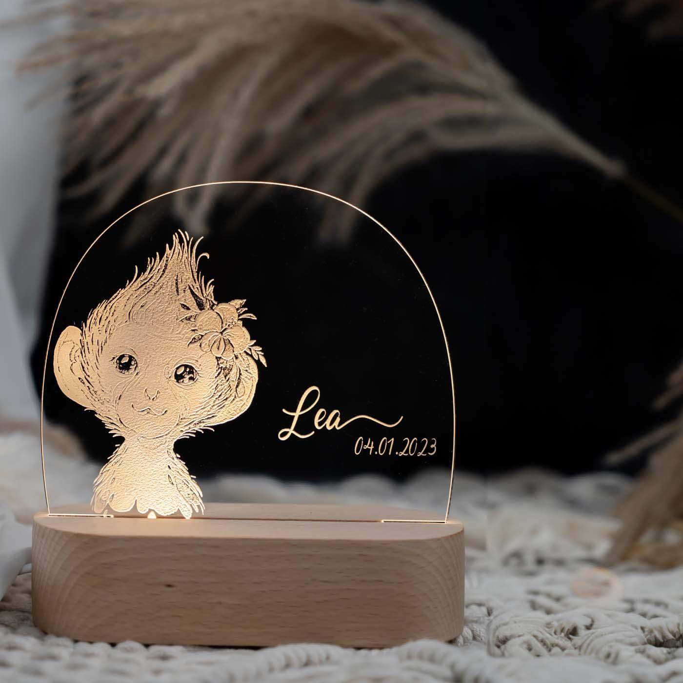 Personalisierte Nachtlampe für Kinder - Baby Affe - Name und Geburtsdatum