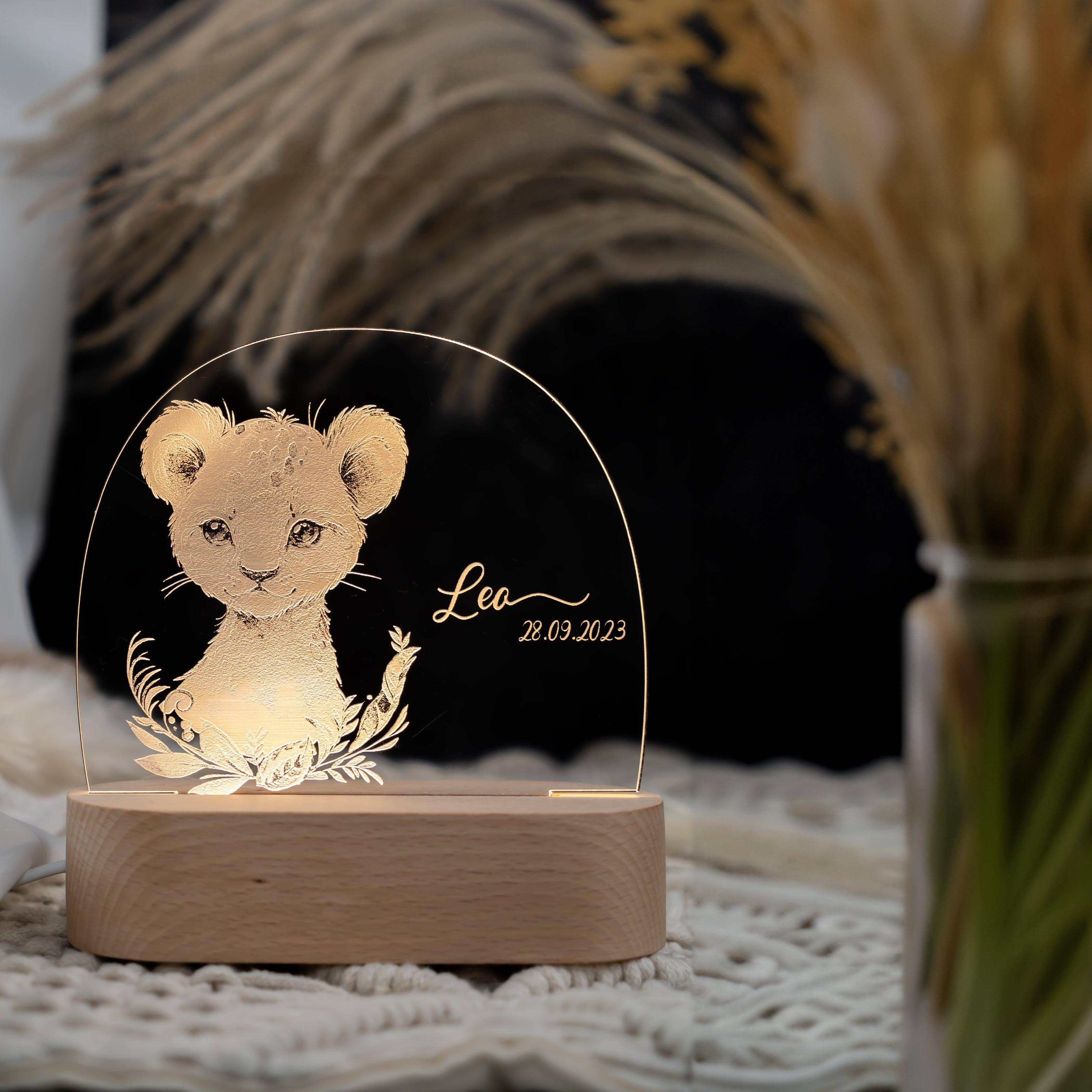 Personalisierte Nachtlampe für Kinder - Baby Löwe - Name und Geburtsdatum
