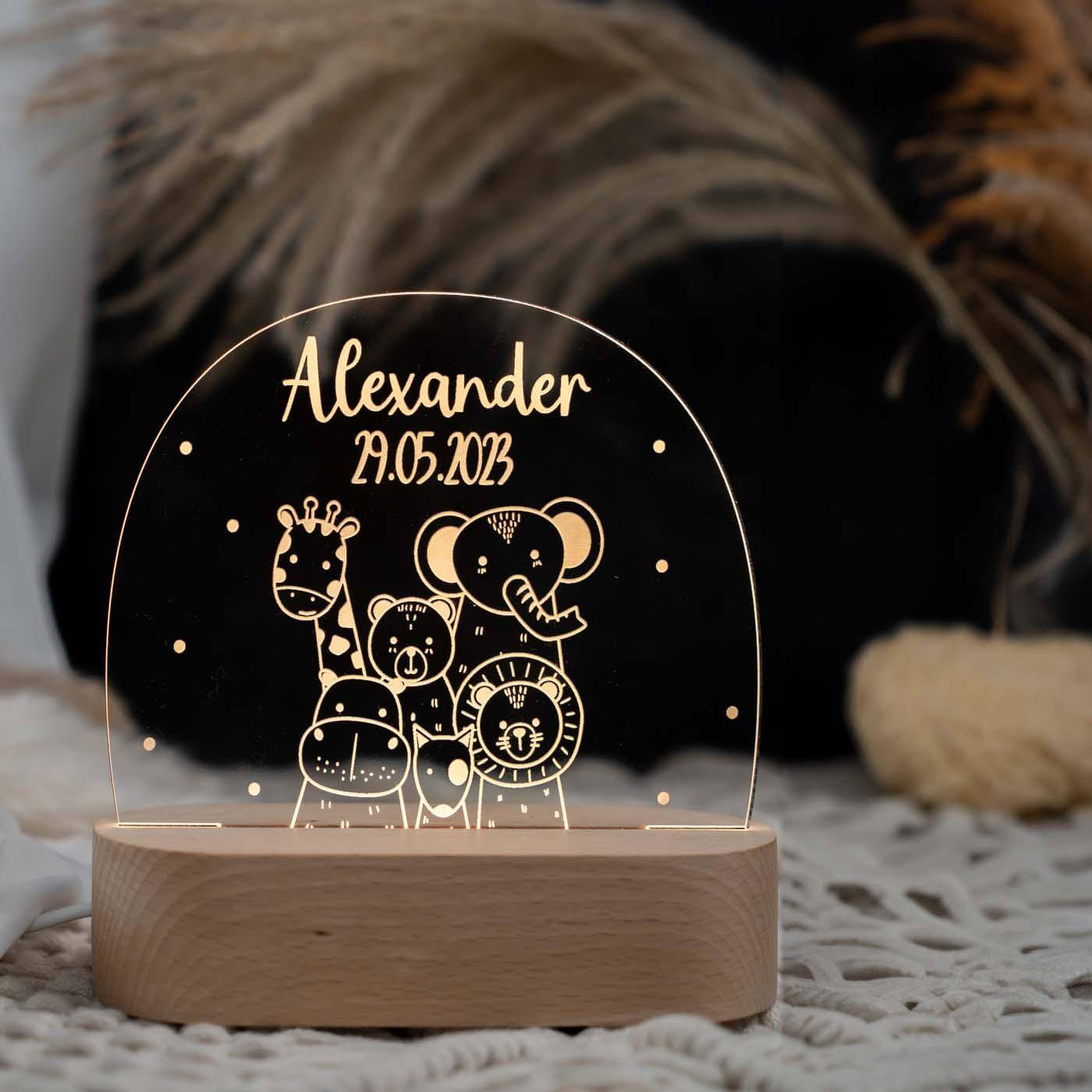 Personalisierte Nachtlampe für Kinder - Tierfreunde - Name und Geburtsdatum