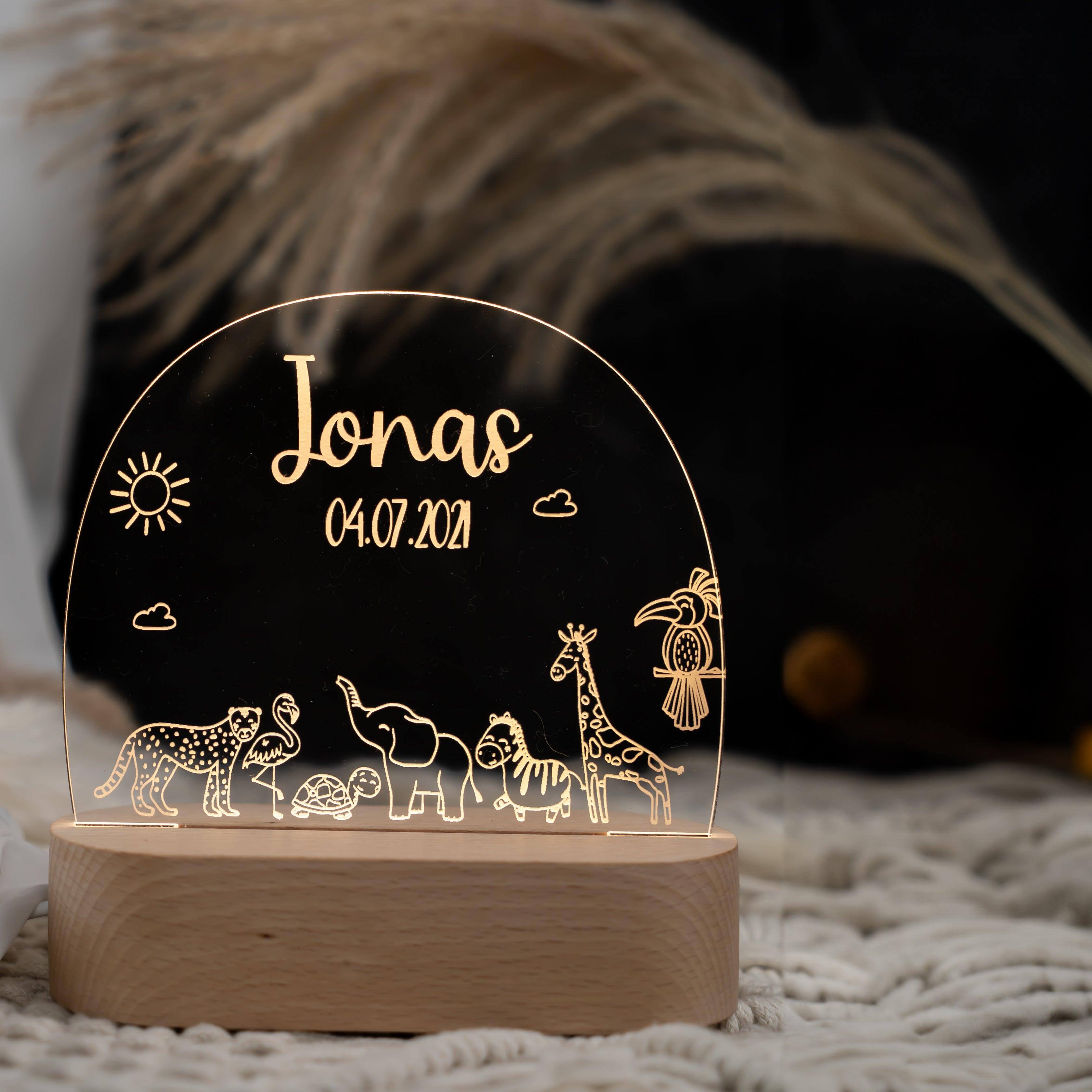 Personalisierte Nachtlampe für Kinder - Safari - Name und Geburtsdatum