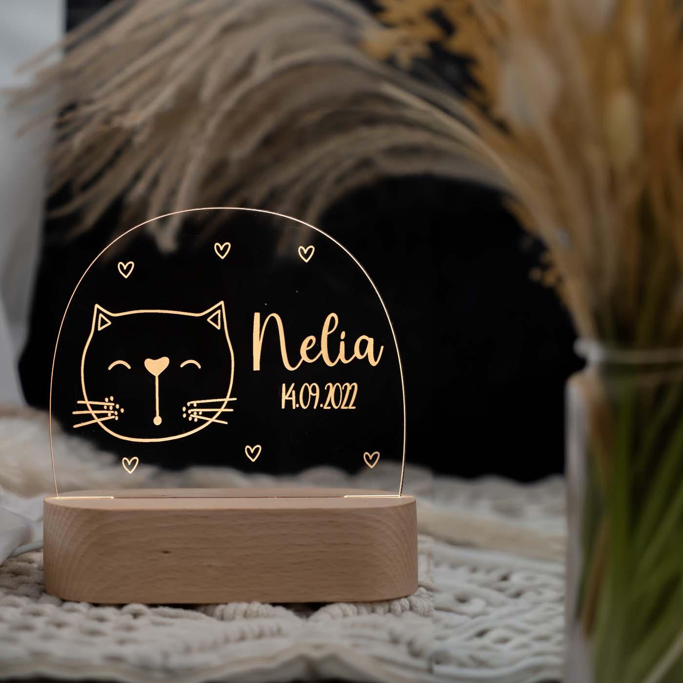 Personalisierte Nachtlampe für Kinder - Kater - Name und Geburtsdatum