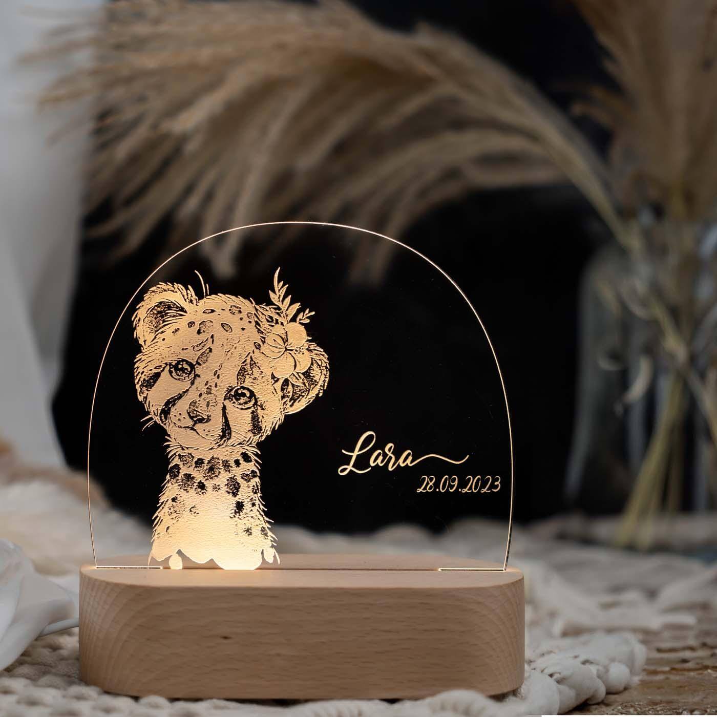 Personalisierte Nachtlampe für Kinder - Baby Leopard - Name und Geburtsdatum