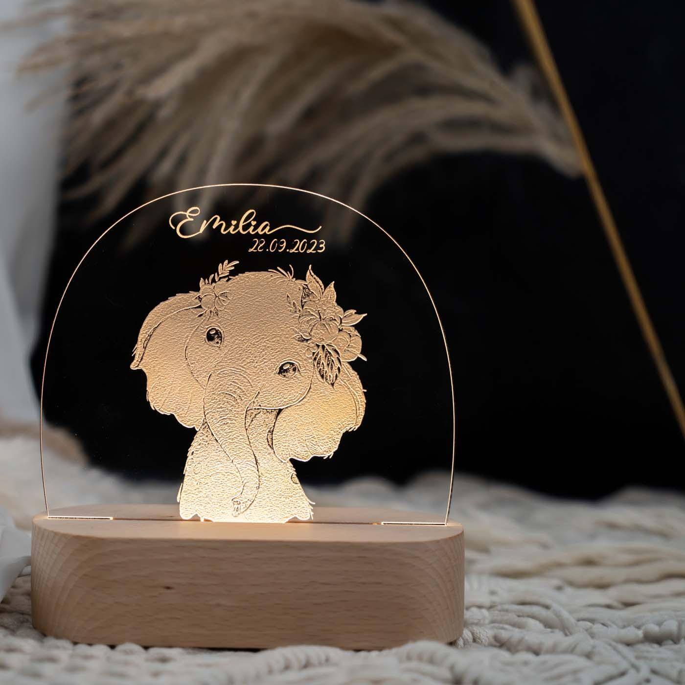 Personalisierte Nachtlampe für Kinder - Elefant - Name und Geburtsdatum