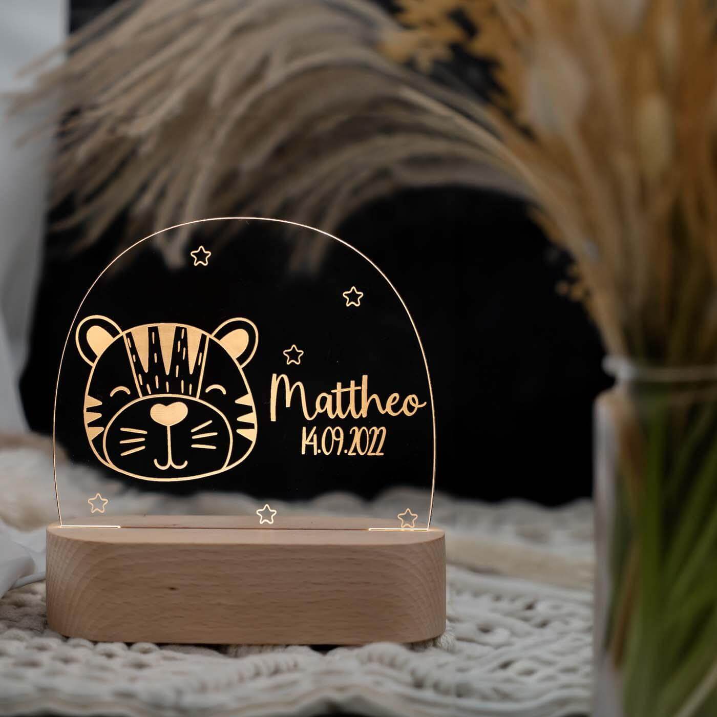 Personalisierte Nachtlampe für Kinder - Tiger - Name und Geburtsdatum