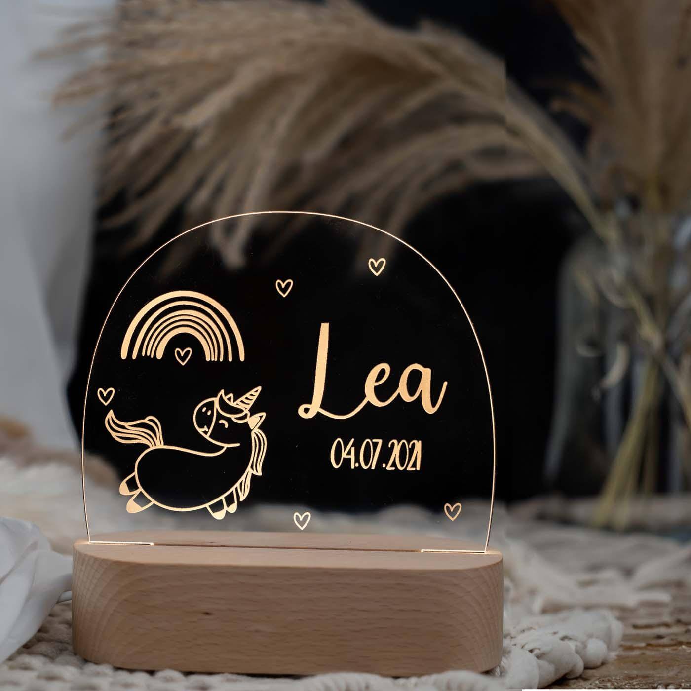 Personalisierte Nachtlampe für Kinder - Einhorn Regenbogen - Name und Geburtsdatum