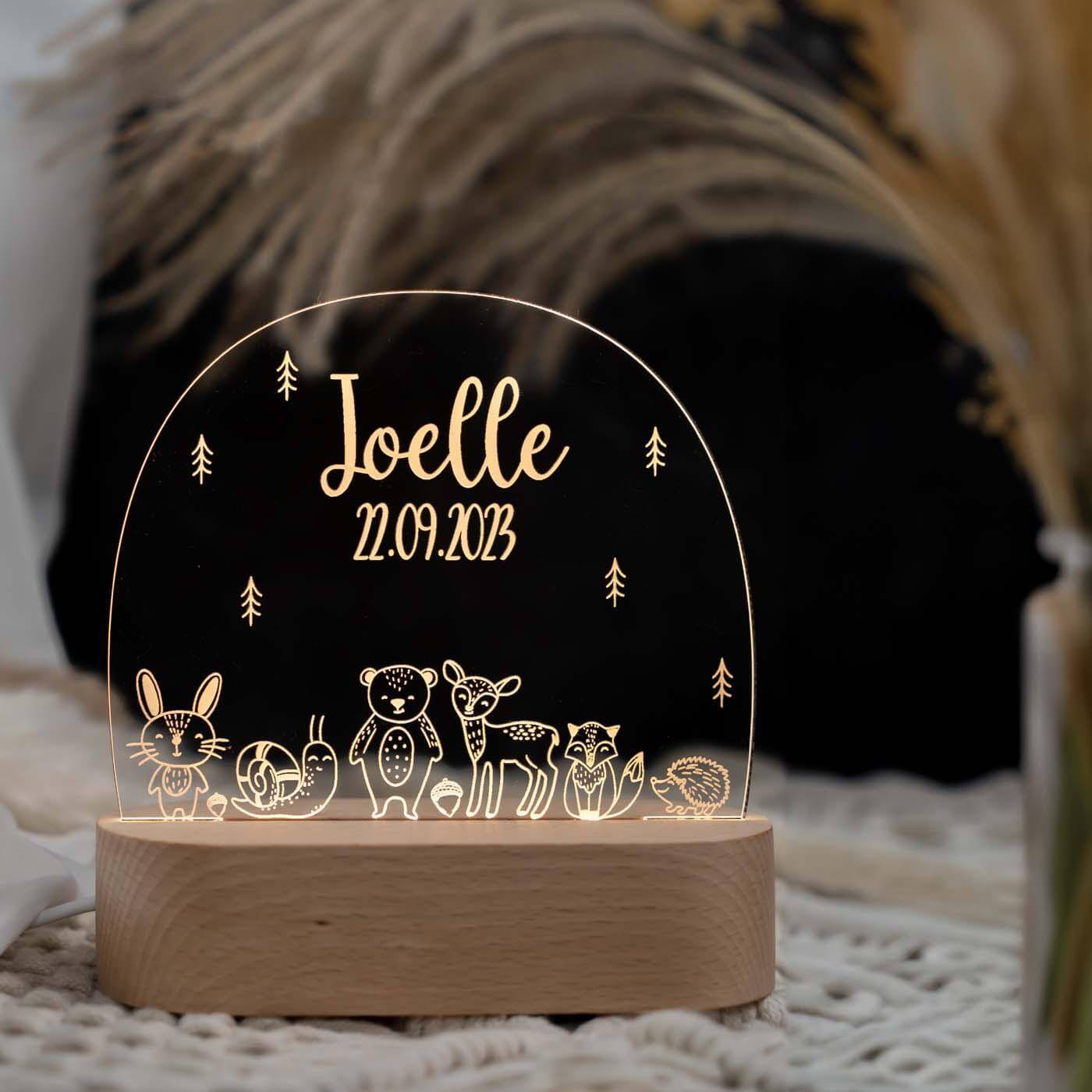 Personalisierte Nachtlampe für Kinder - Baby Waldtiere - Name und Geburtsdatum