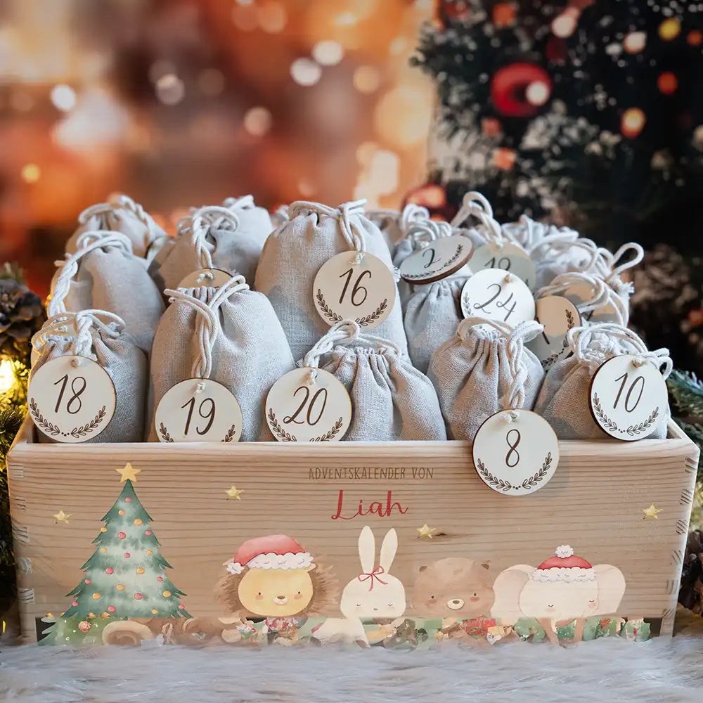 Adventskiste zum befüllen "Weihnachten mit weihnachtlichem Tiertrio" personalisiert