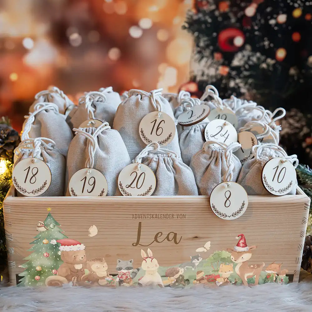 Adventskiste zum befüllen "Weihnachten mit winterlichen Tierfreunden" personalisiert