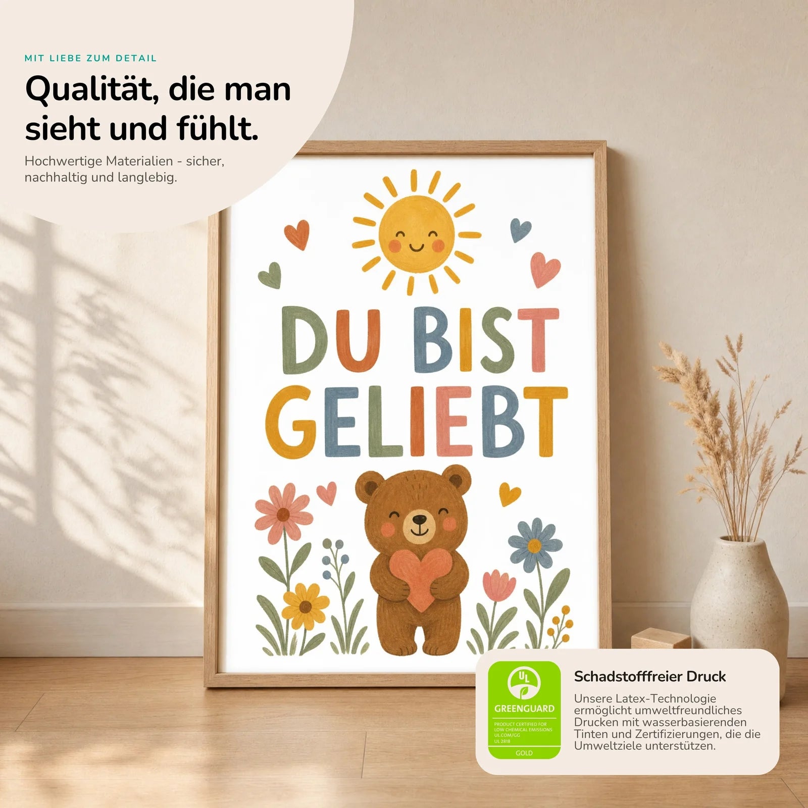 Affirmationsposter Kinderzimmer BĂ€r Du bist geliebt, Nahaufnahme der Affirmationen