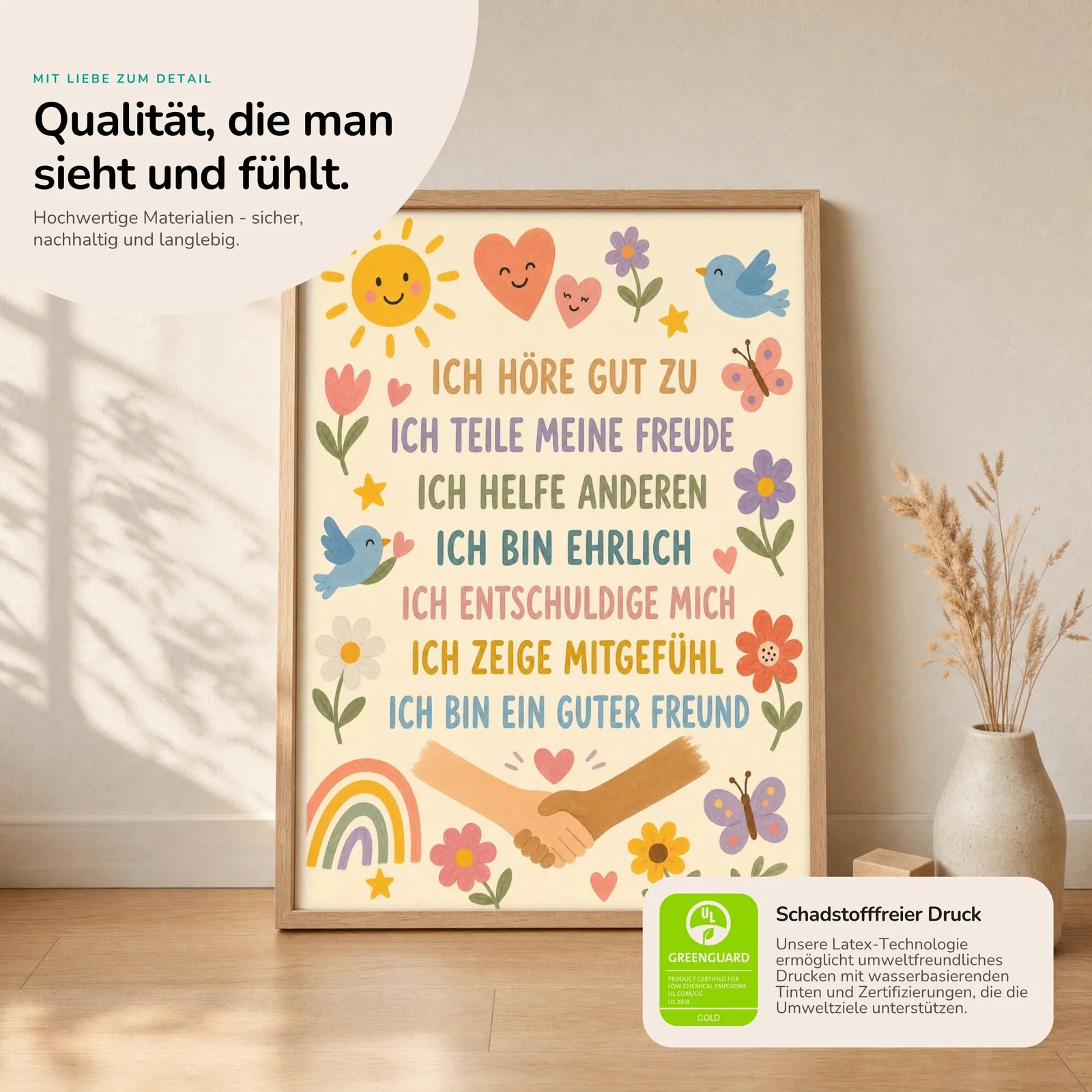 Affirmationsposter Kinderzimmer Blumenwiese Ich höre zu, Nahaufnahme der Affirmationen