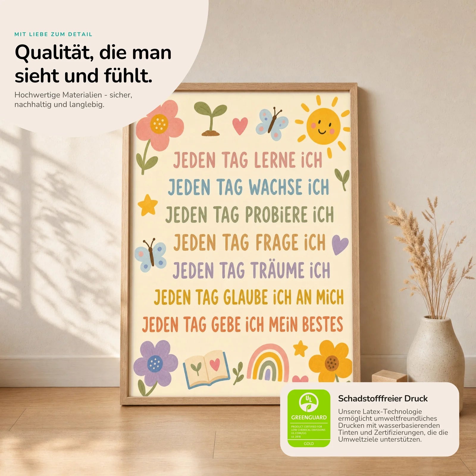Affirmationsposter Kinderzimmer Blumenwiese Jeden Tag, Nahaufnahme der Affirmationen