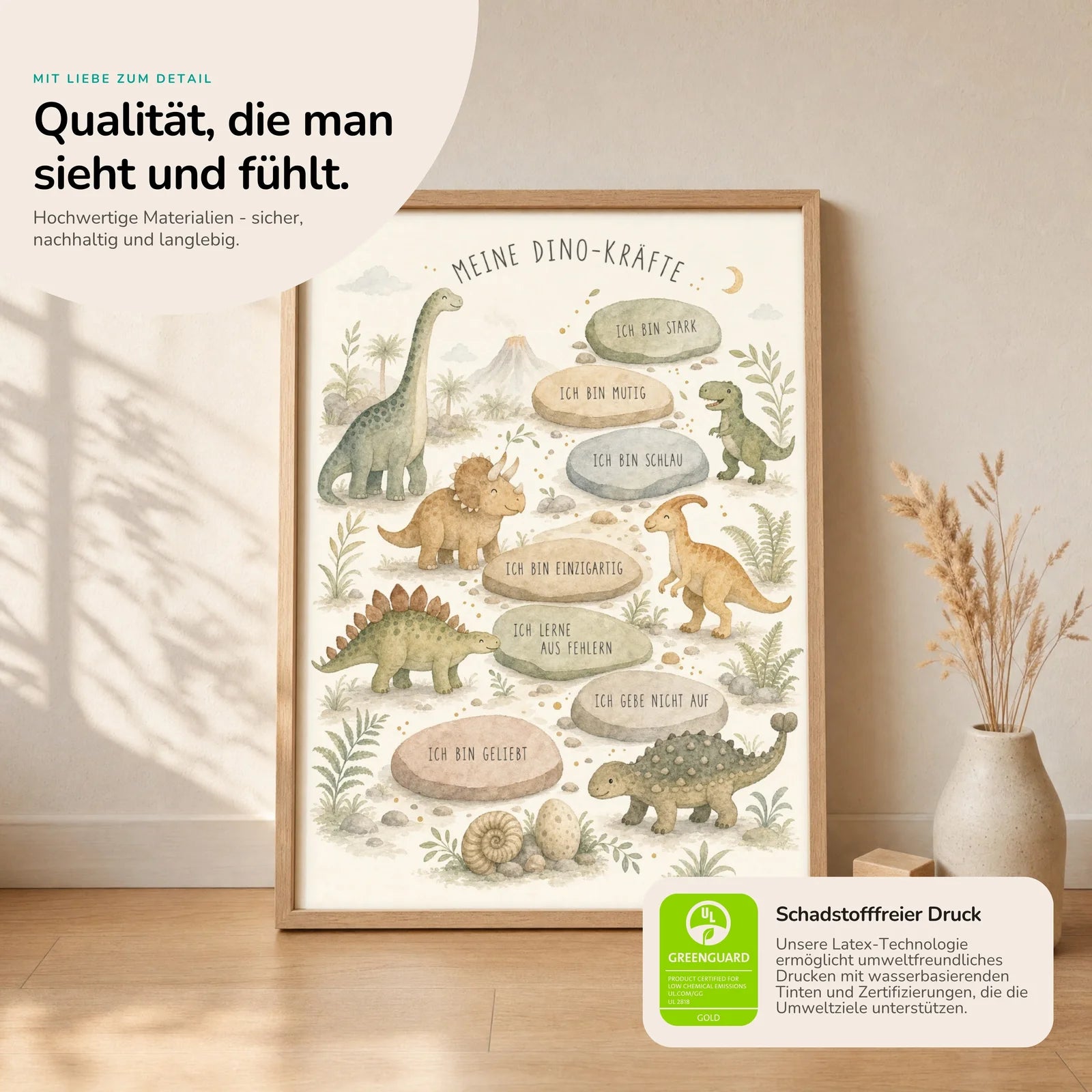 Affirmationsposter Kinderzimmer Dino-KrÀfte, Nahaufnahme der Affirmationen