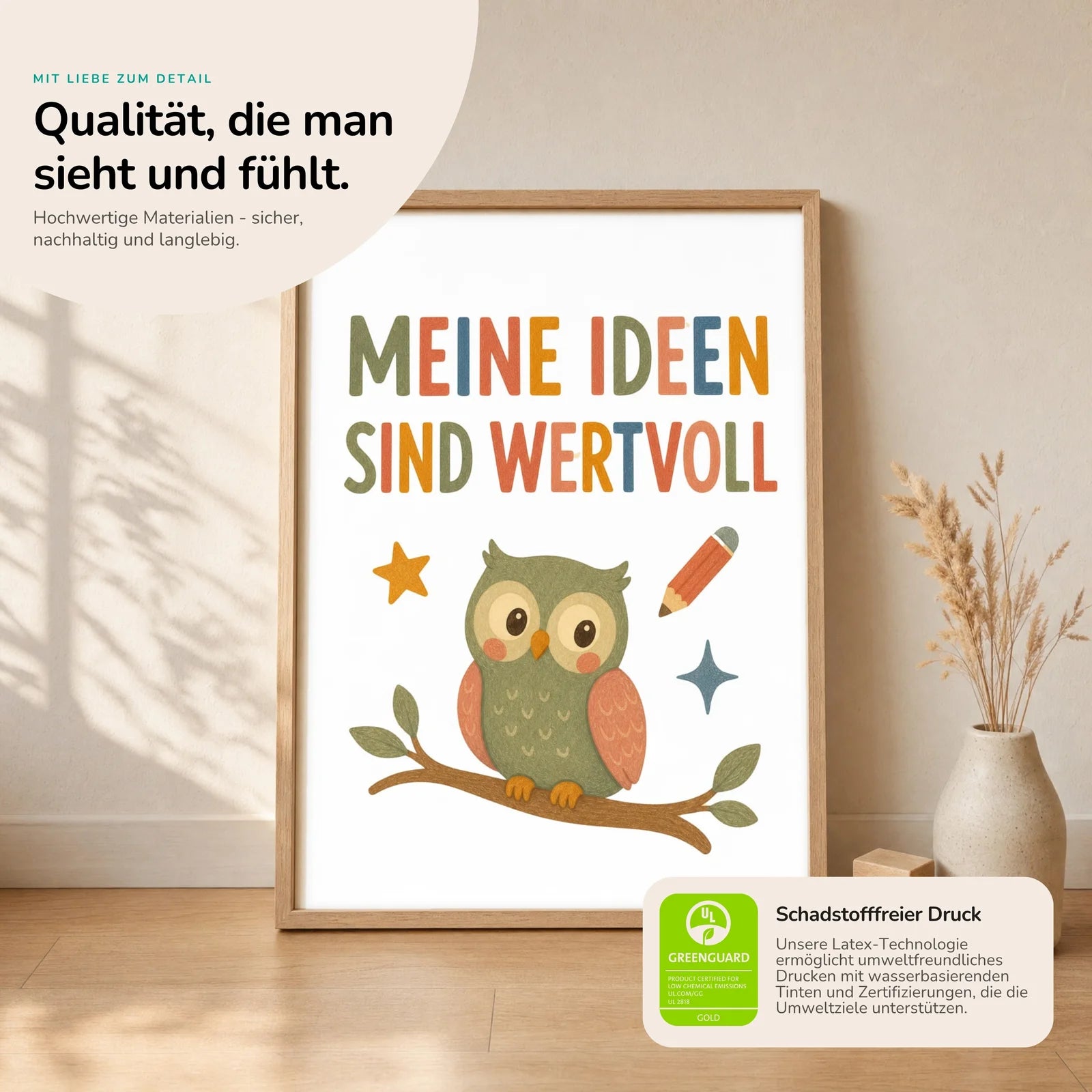 Affirmationsposter Kinderzimmer Eule Meine Ideen sind wertvoll, Nahaufnahme der Affirmationen