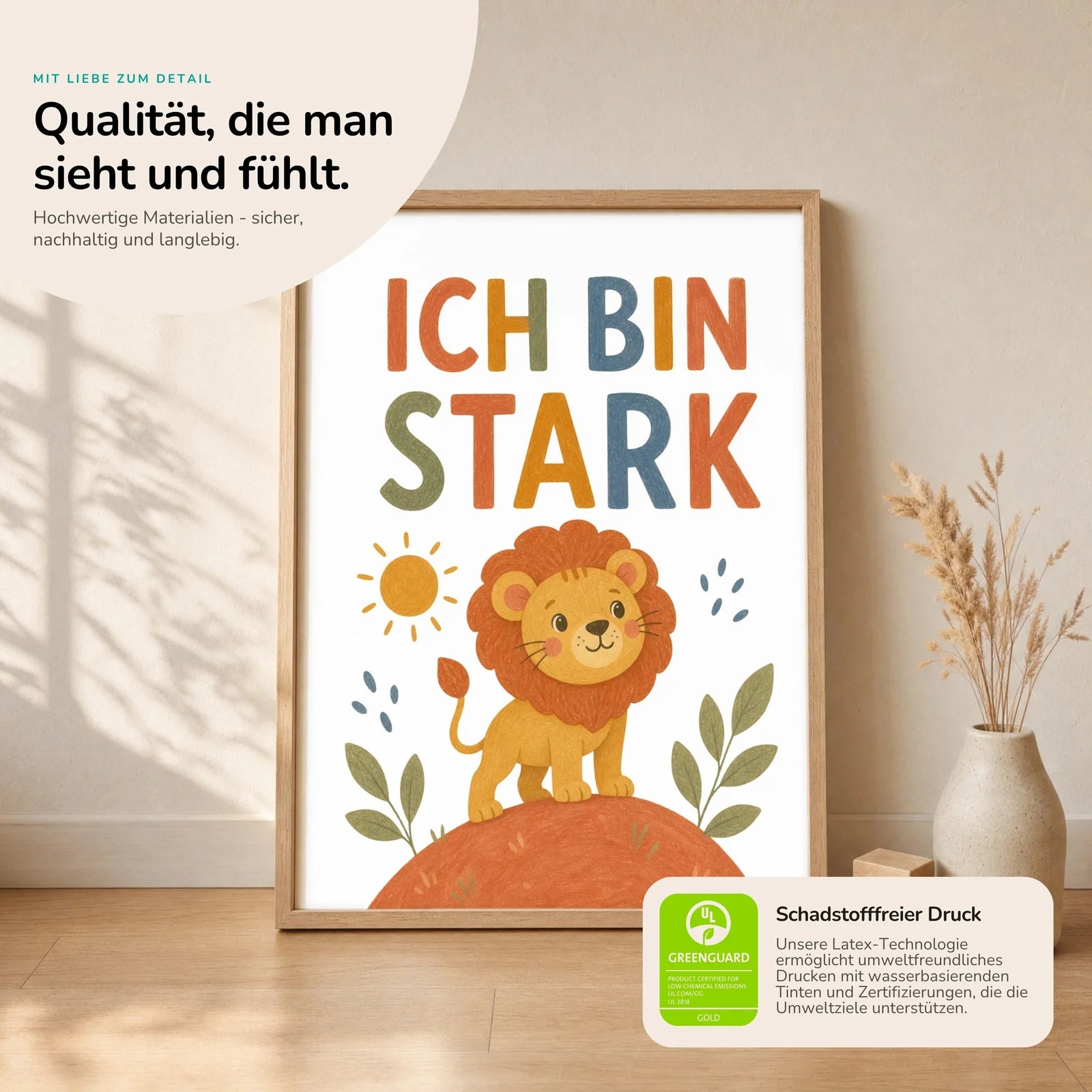 Affirmationsposter Kinderzimmer Löwe Ich bin stark, Nahaufnahme der Affirmationen