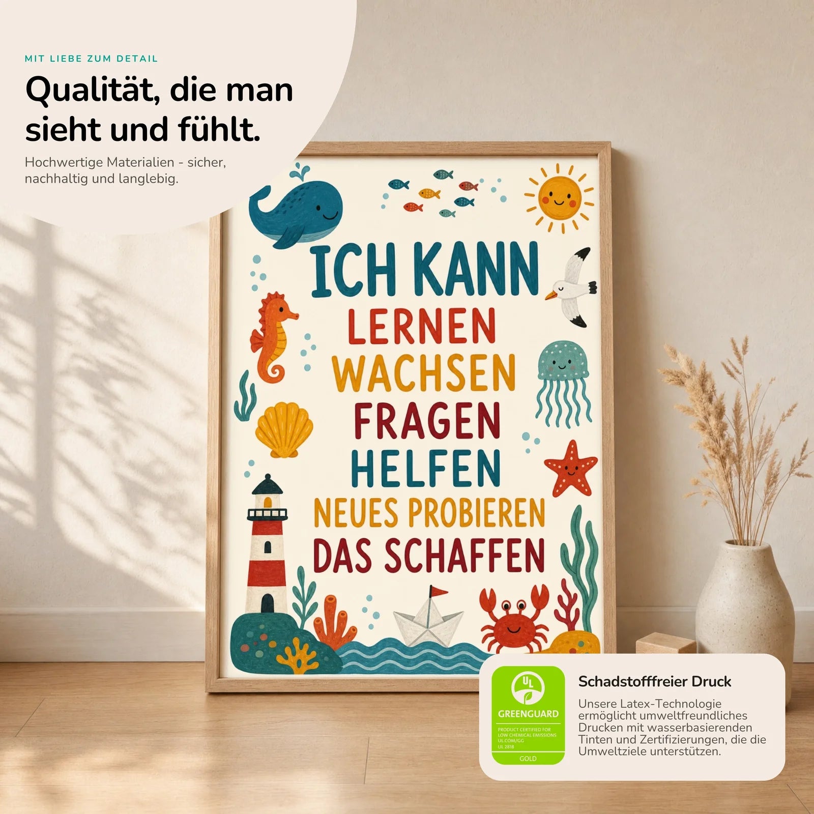 Affirmationsposter Kinderzimmer Meer Ich kann lernen, Nahaufnahme der Affirmationen