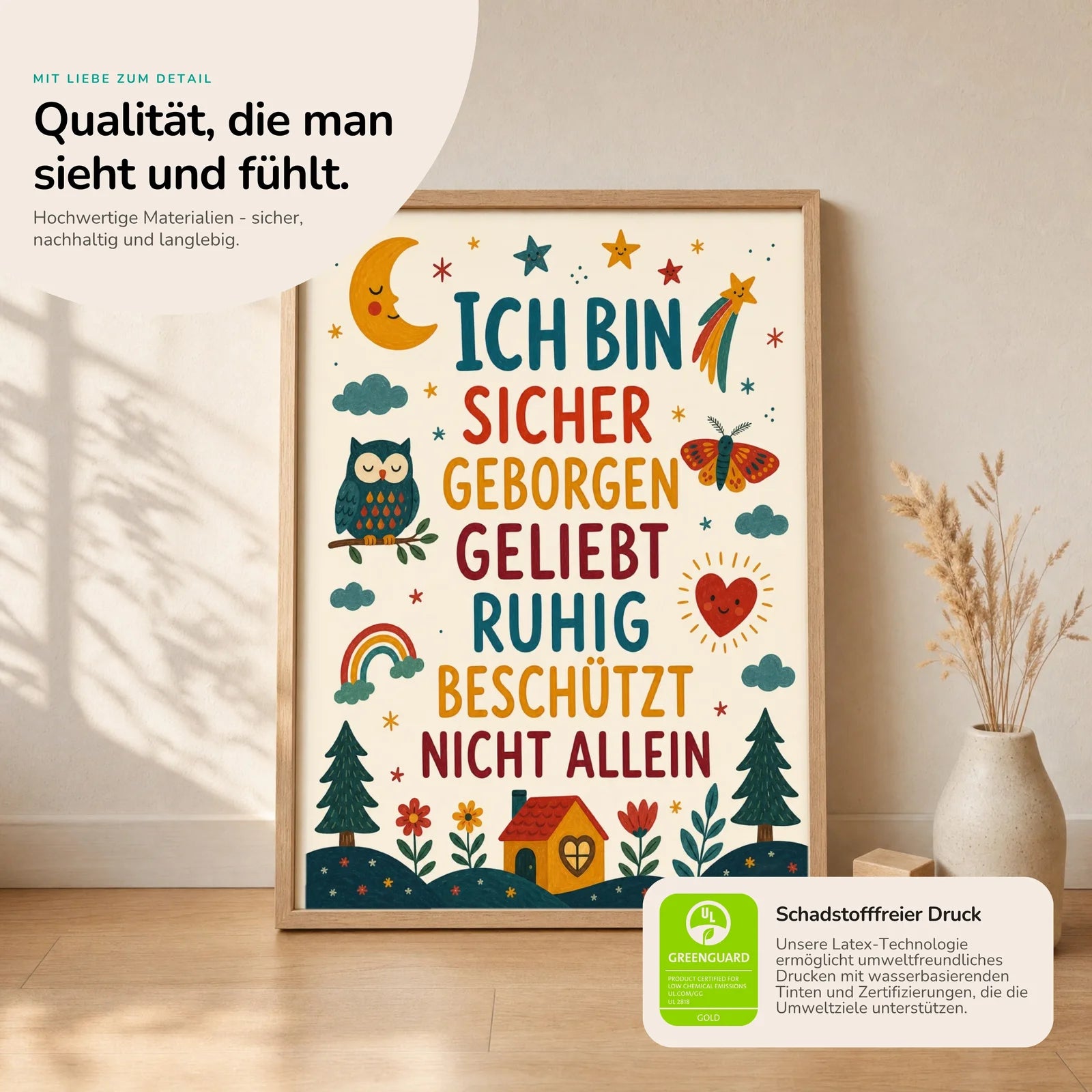 Affirmationsposter Kinderzimmer Nachthimmel Ich bin sicher, Nahaufnahme der Affirmationen