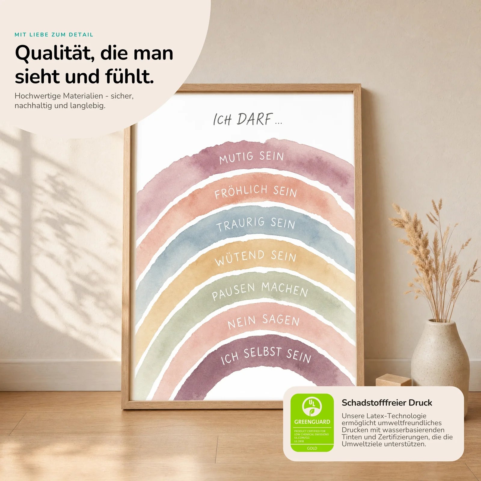 Affirmationsposter Kinderzimmer Regenbogen Ich darf, Nahaufnahme der Affirmationen