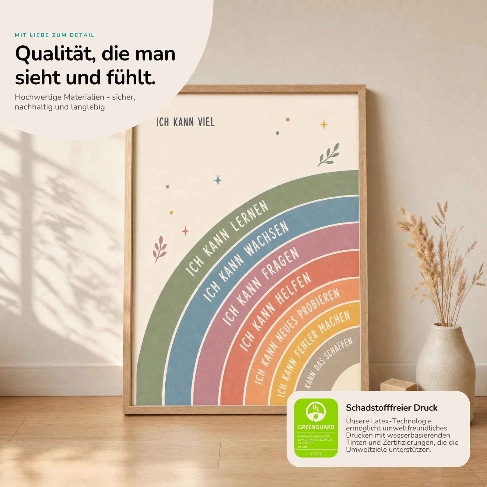 Affirmationsposter Kinderzimmer Regenbogen Ich kann viel, Nahaufnahme der Affirmationen