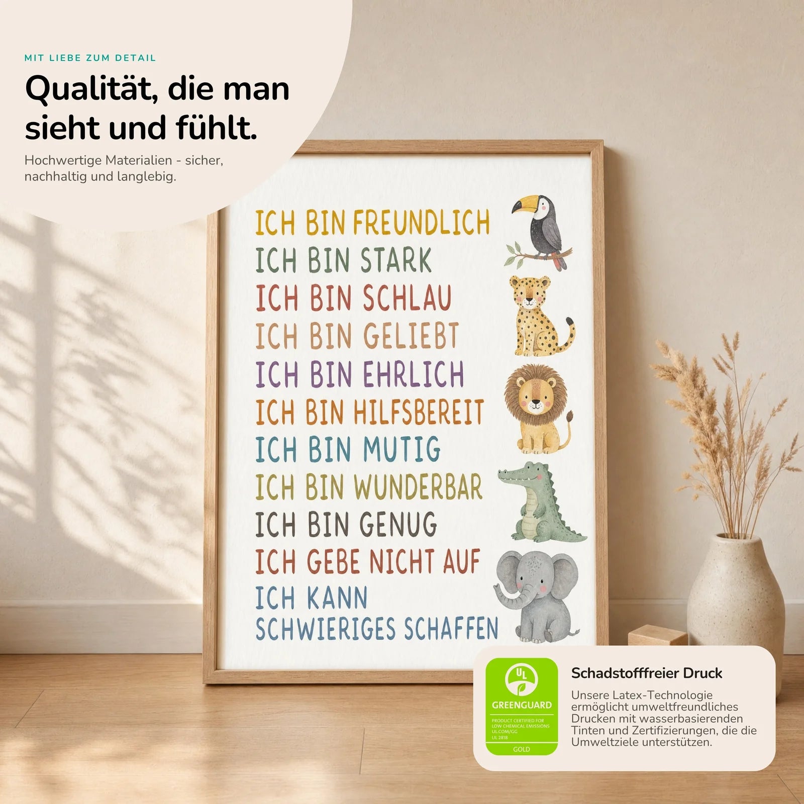 Affirmationsposter Kinderzimmer Safaritiere, Nahaufnahme der Affirmationen