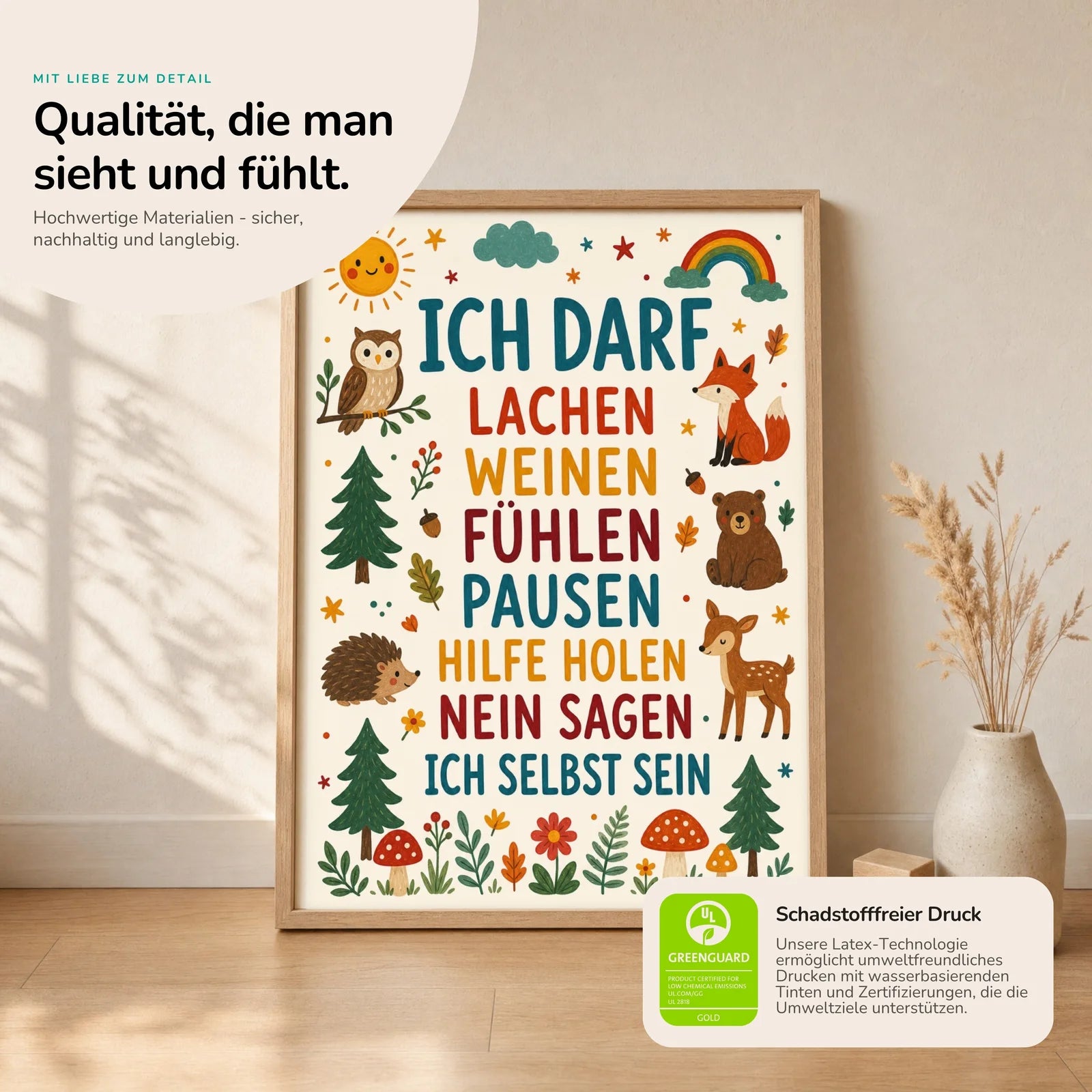 Affirmationsposter Kinderzimmer Wald Ich darf lachen, Nahaufnahme der Affirmationen