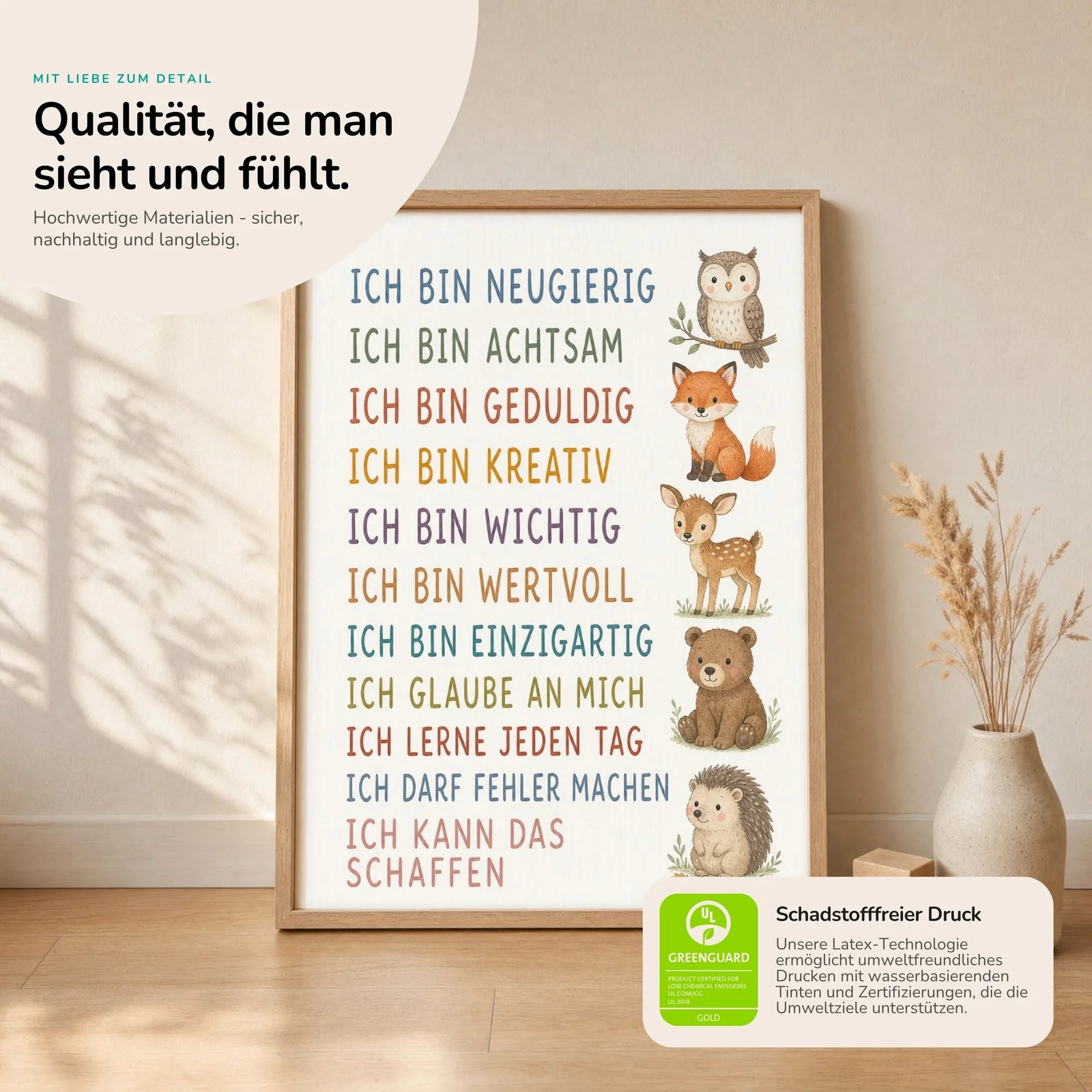Affirmationsposter Kinderzimmer Waldtiere, Nahaufnahme der Affirmationen