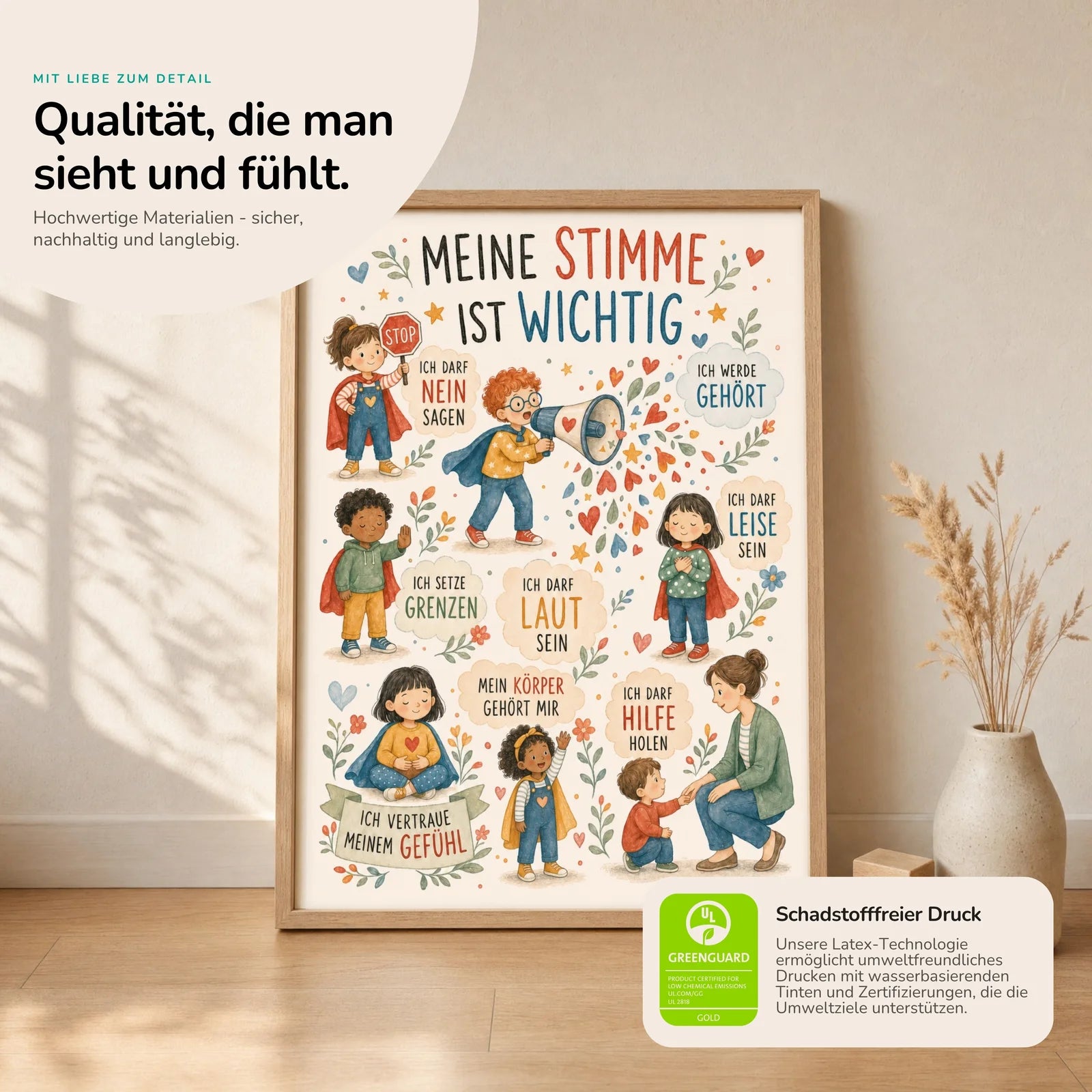 Affirmationsposter Kinderzimmer Wimmelbild Meine Stimme, Nahaufnahme der Affirmationen
