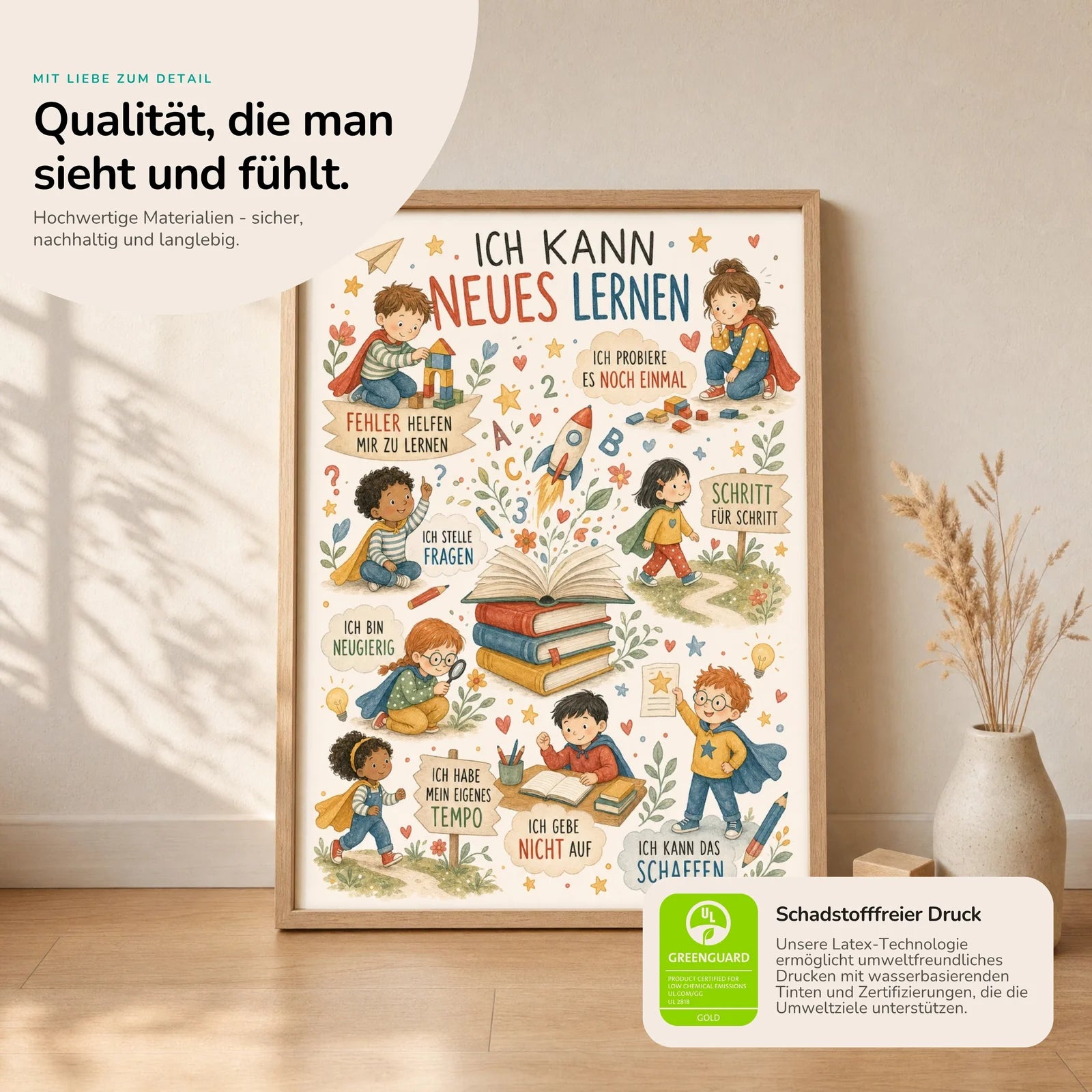 Affirmationsposter Kinderzimmer Wimmelbild Neues lernen, Nahaufnahme der Affirmationen