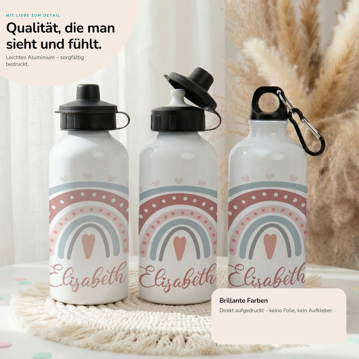 Personalisierte Trinkflasche Kinder – Boho-Regenbogen Herzen